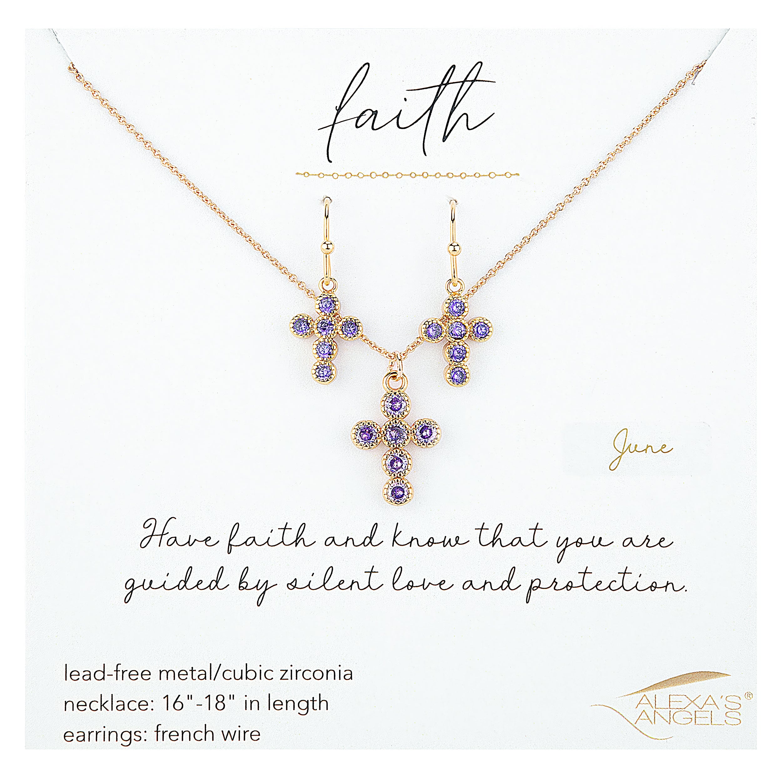 Gold cross necklace and earrings with purple stones on a white background, featuring the brand 'Alexa Angels'.