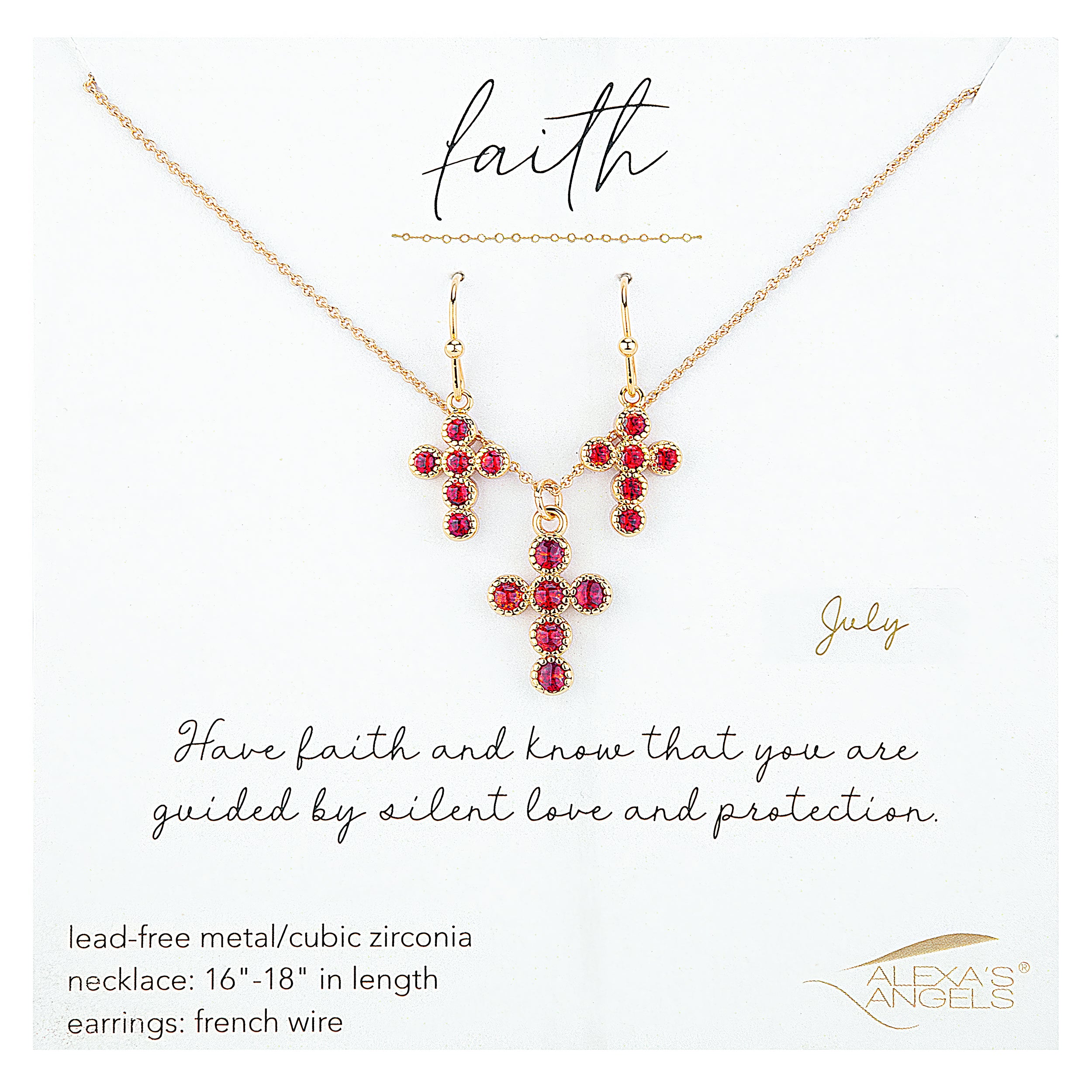 Gold jewelry set with red gemstones on a white background, featuring the brand 'Alexas angels'.