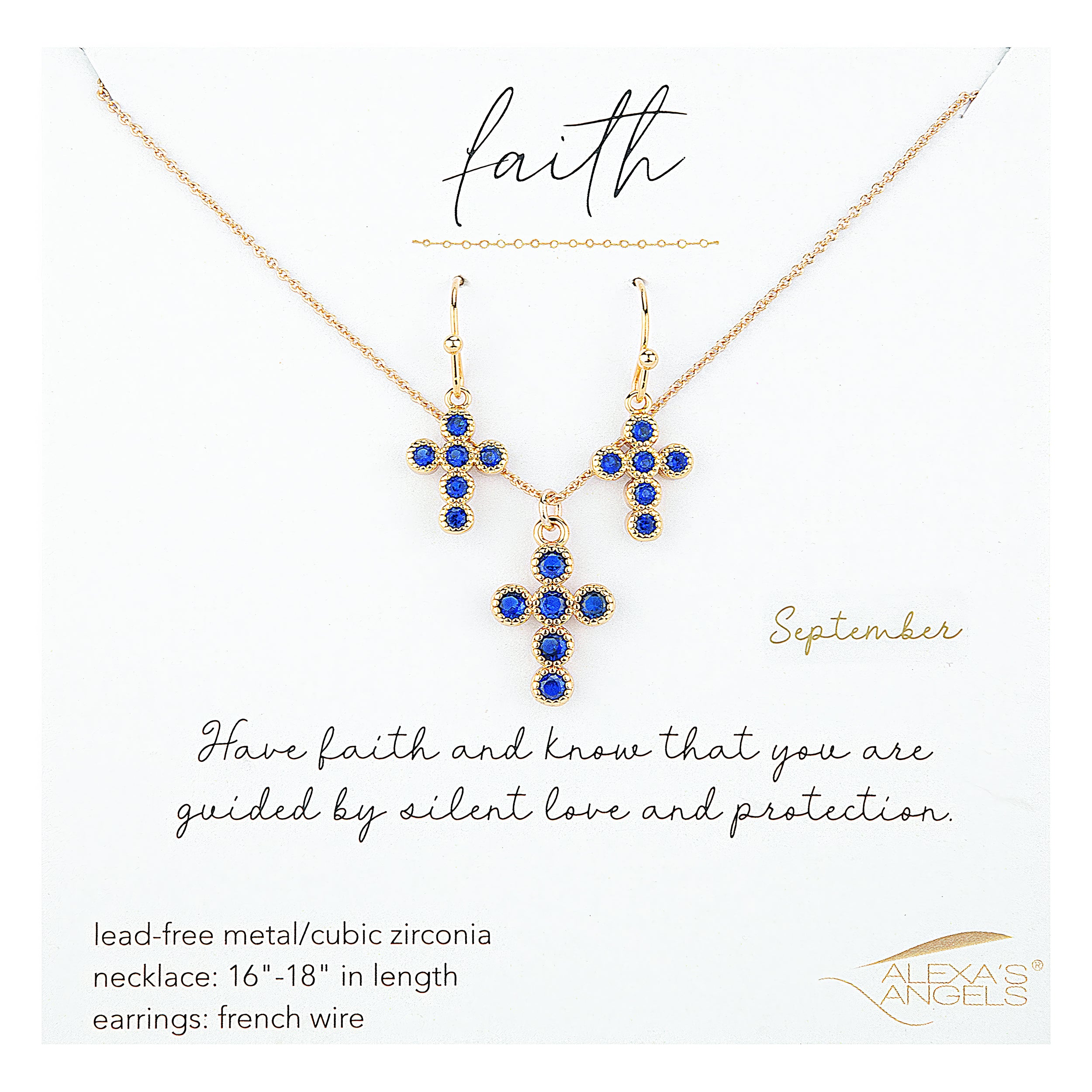 Gold cross necklace and earrings with blue stones on a white background, featuring the word 'faith'.