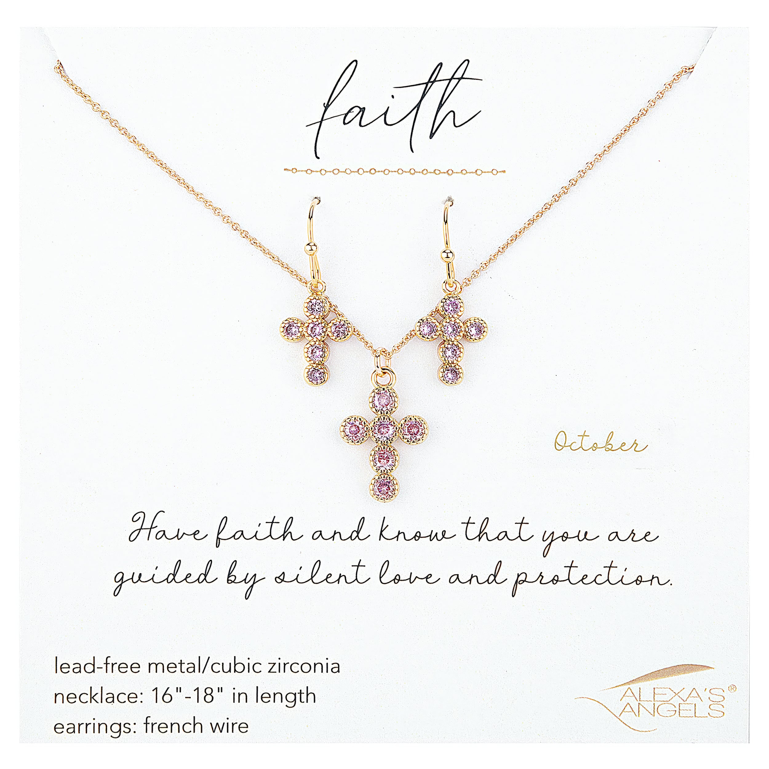 Gold jewelry set with pink gemstones on a white background, featuring the brand 'Alexas Angels'.