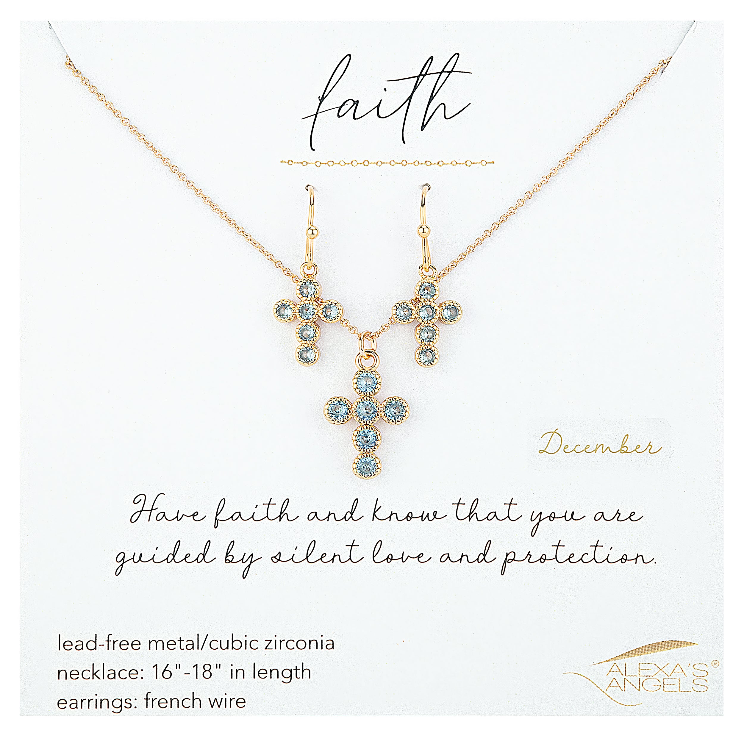 Gold cross necklace and earrings with blue gemstones on a white background, featuring the brand 'Alexas Angels'.