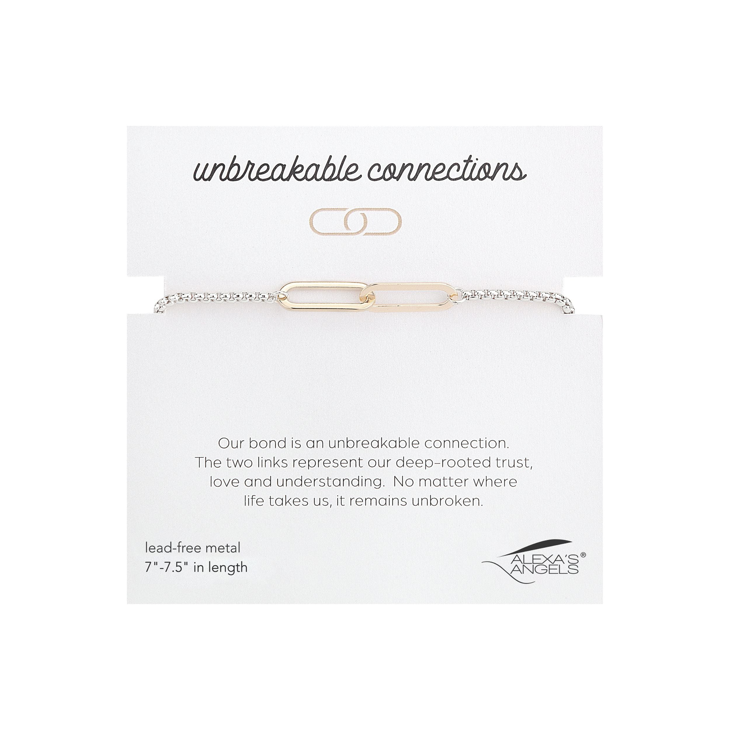Gold paperclip necklace on a white card with 'unbreakable connections' text and Alex's Angels branding.