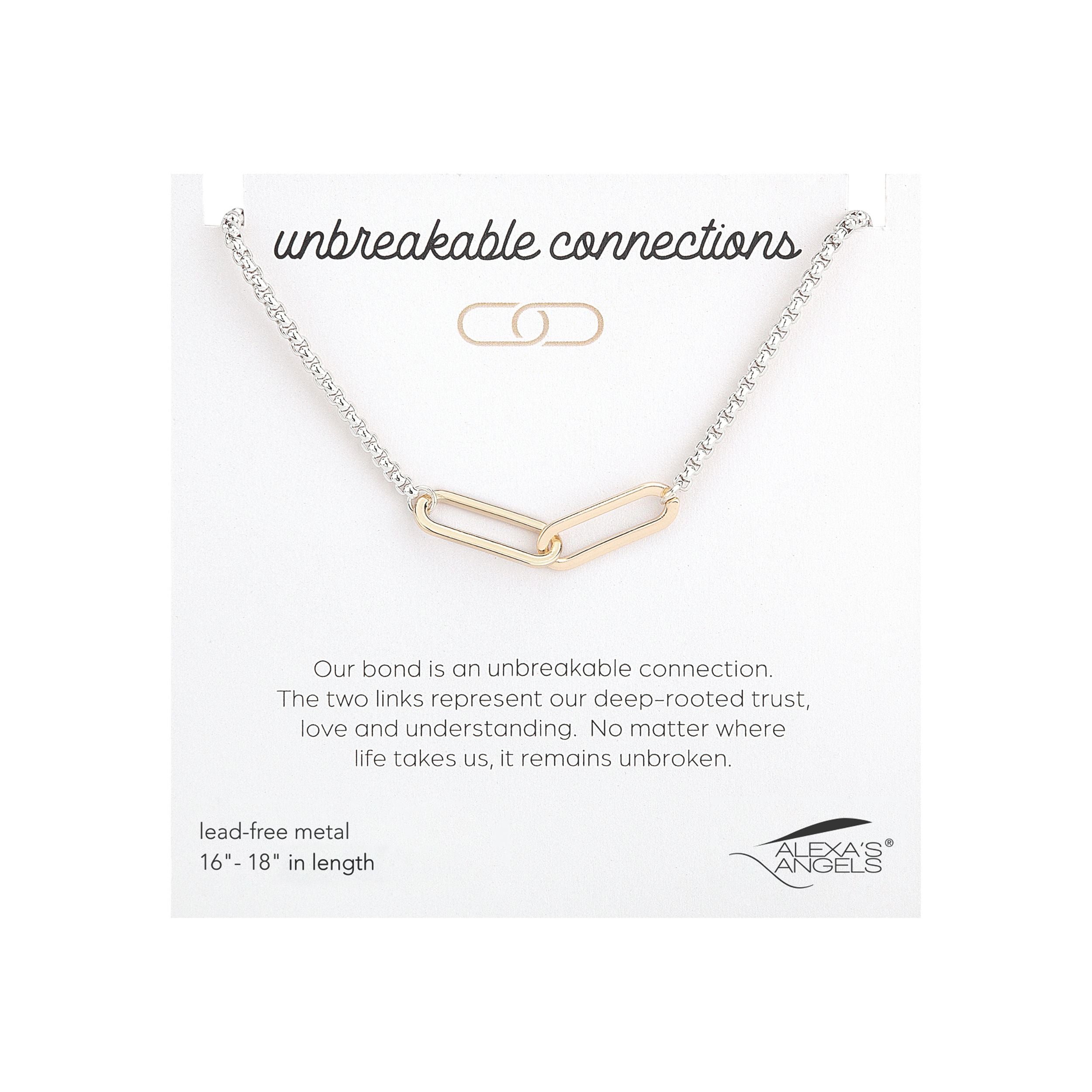 Necklace with two interlocking links on a white background with 'unbreakable connections' text.