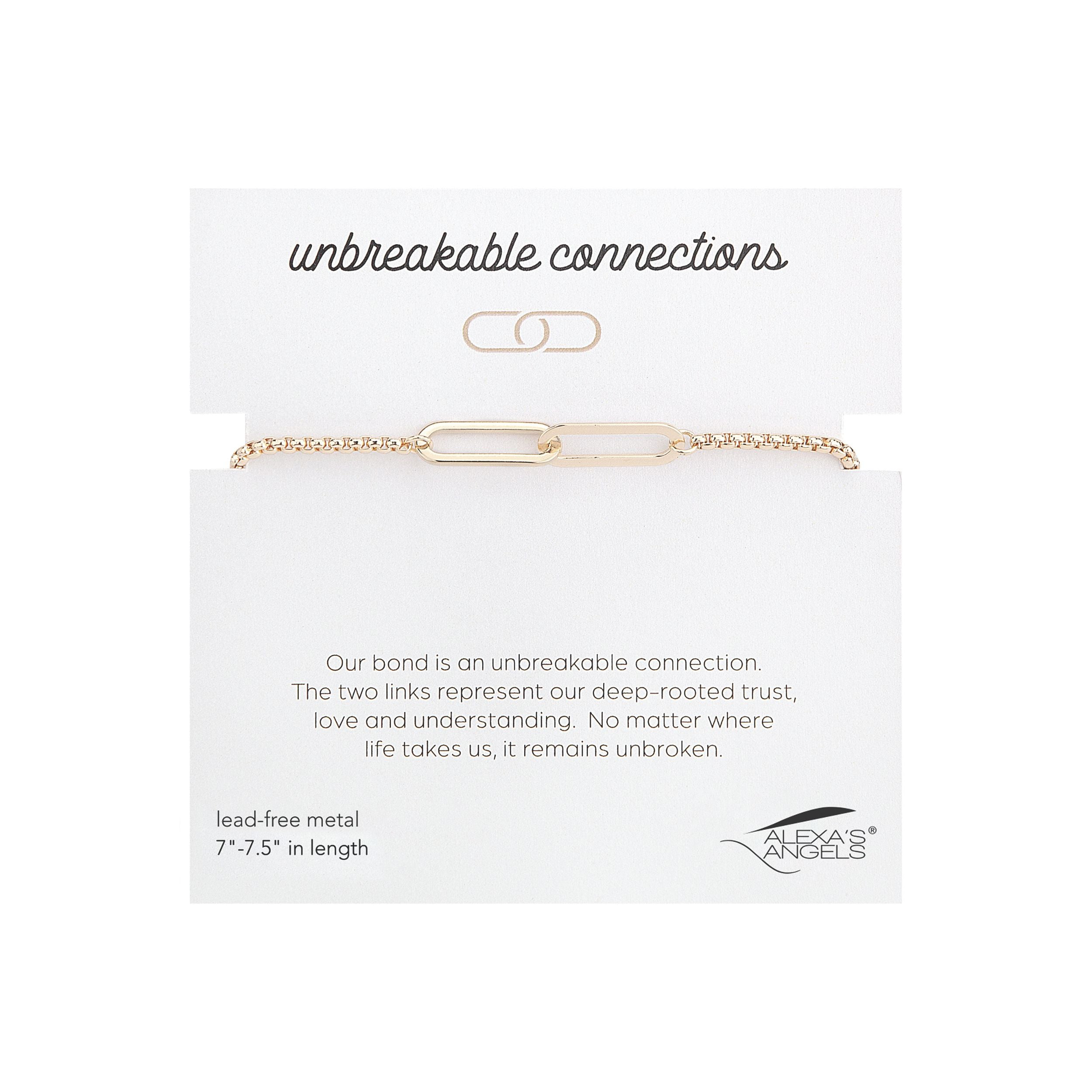 Gold paperclip necklace on a white card with 'unbreakable connections' text and Alexa's Angels branding.