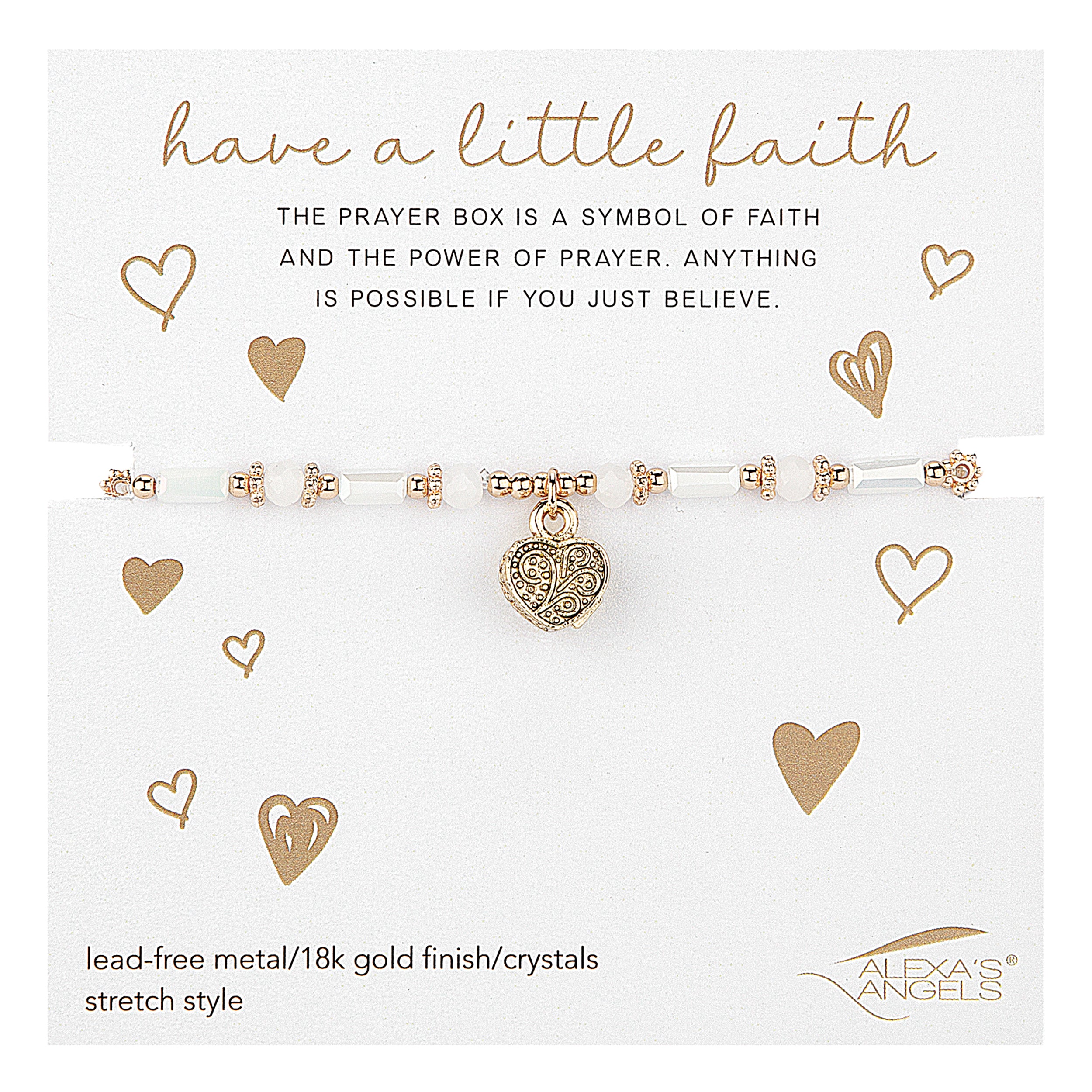 Gold heart-shaped charm bracelet with 'have a little faith' message on a white background