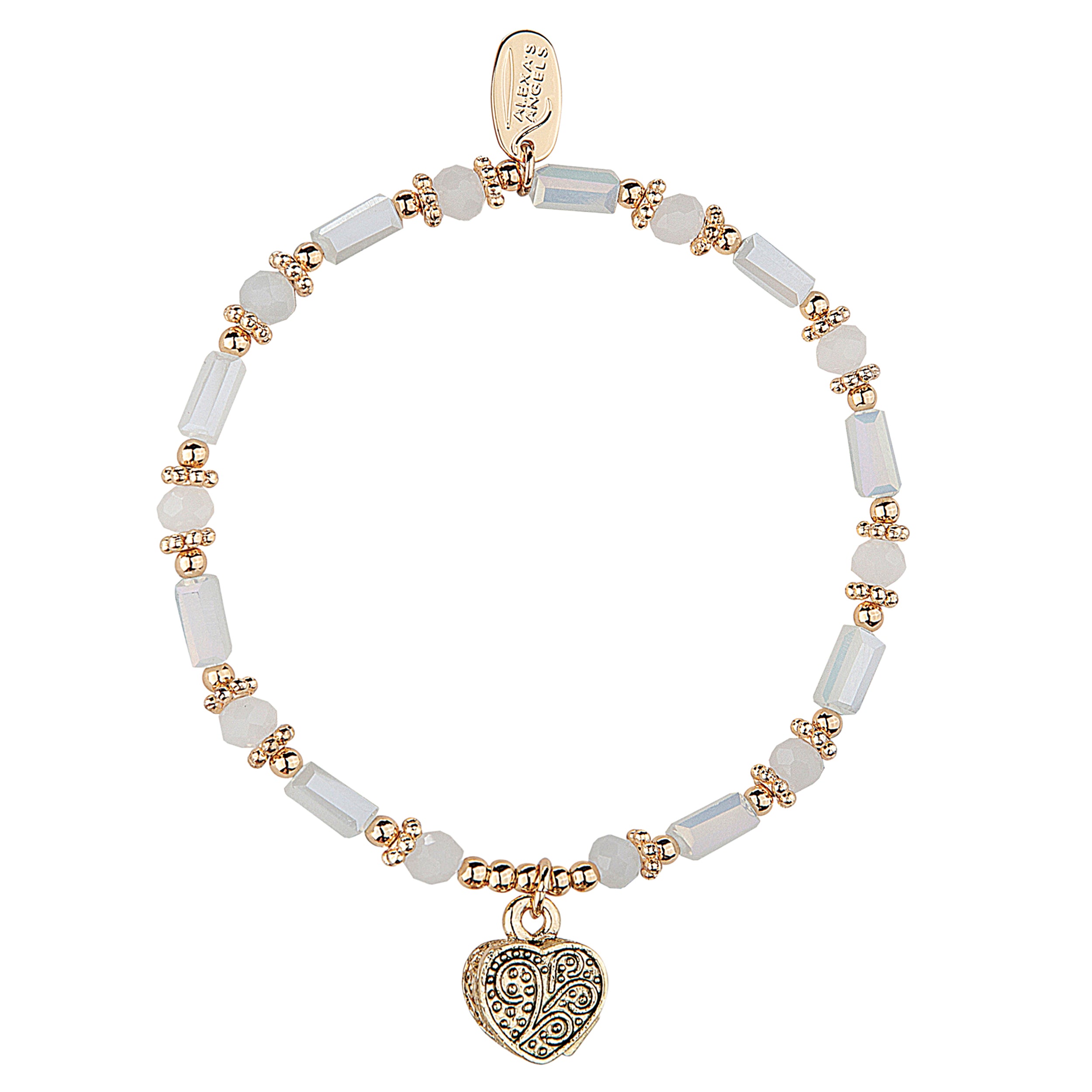 Bracelet with white beads and gold accents on a white background