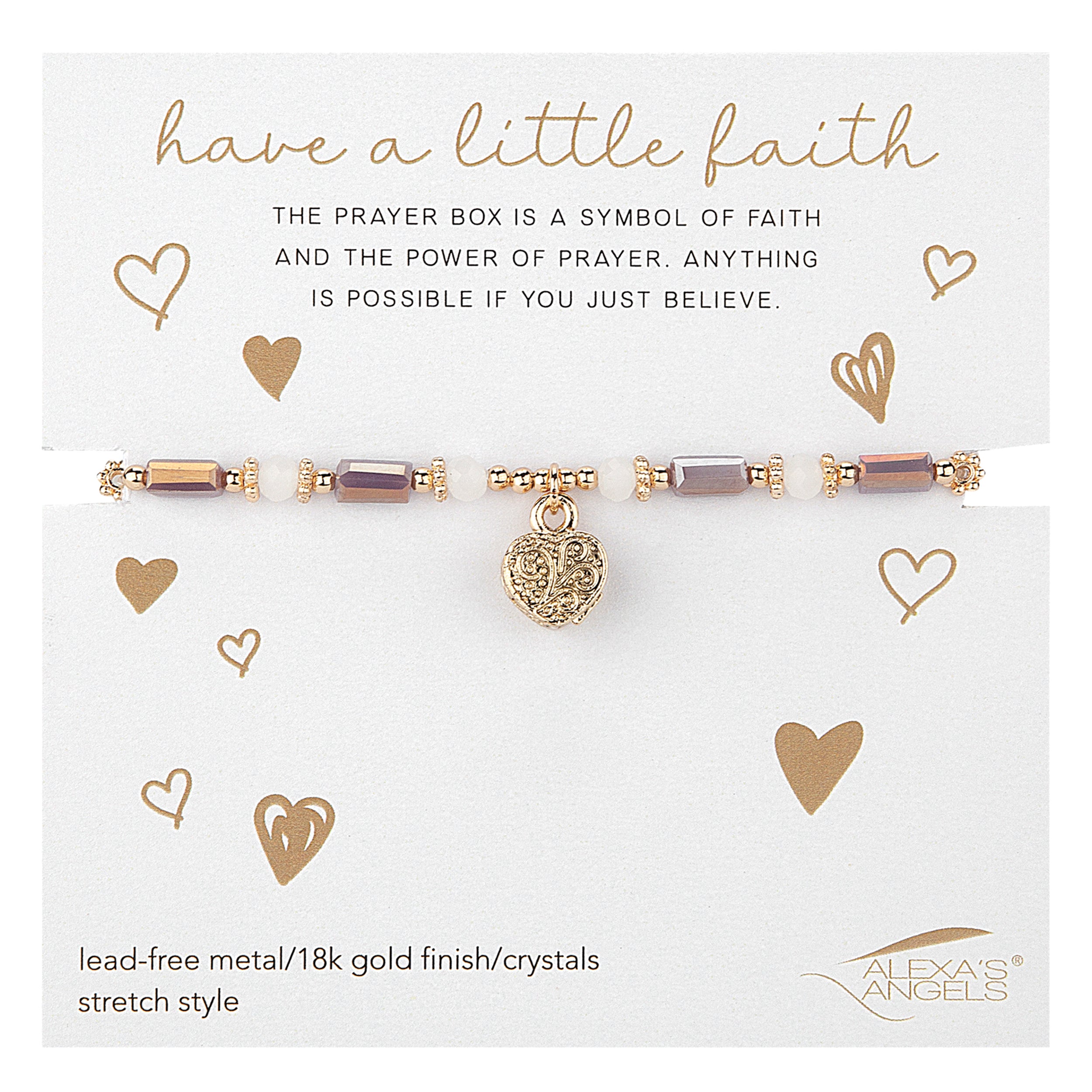 Gold and purple bracelet with heart charm on a white card with text and hearts.