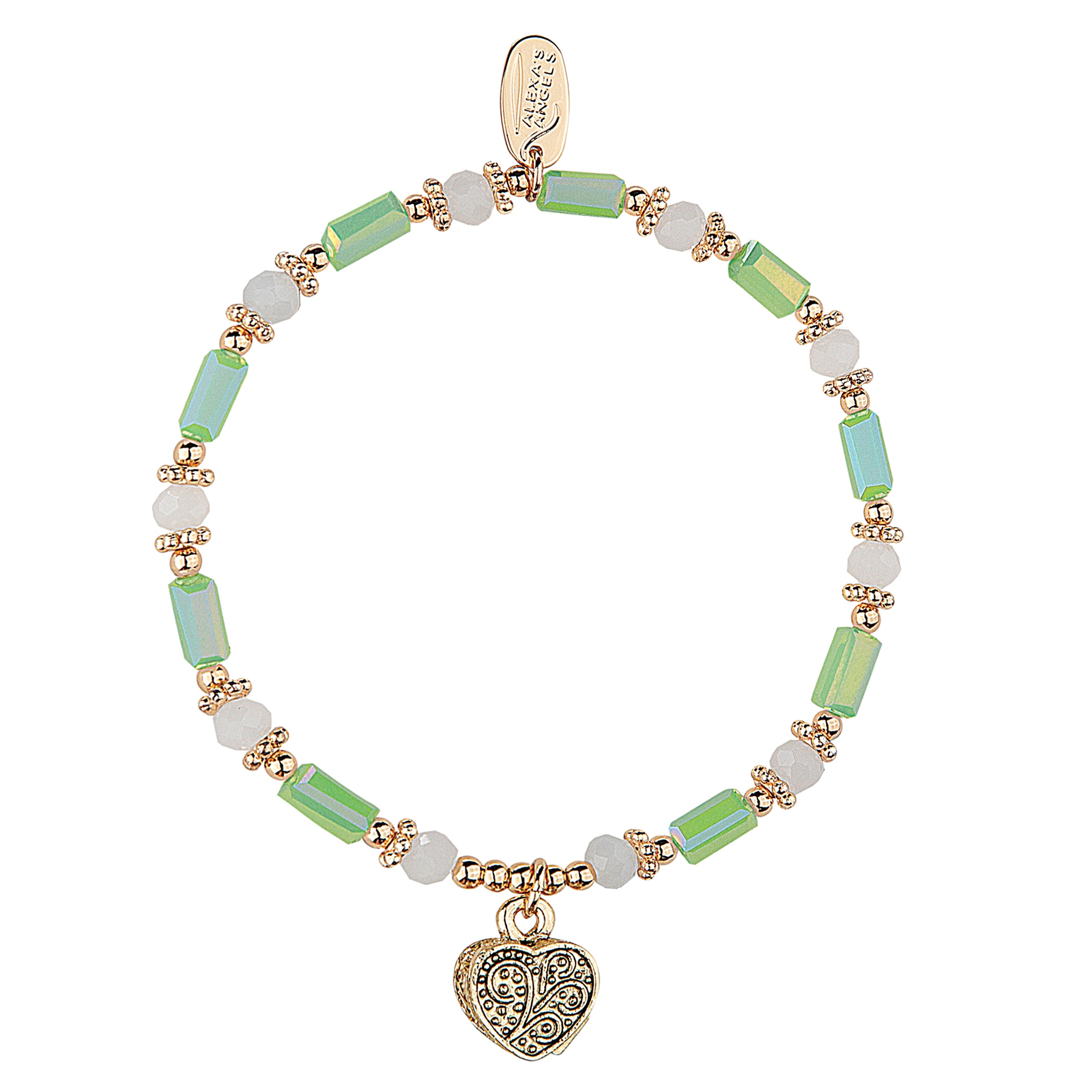 Bracelet with green and white beads and gold heart charm on a white background