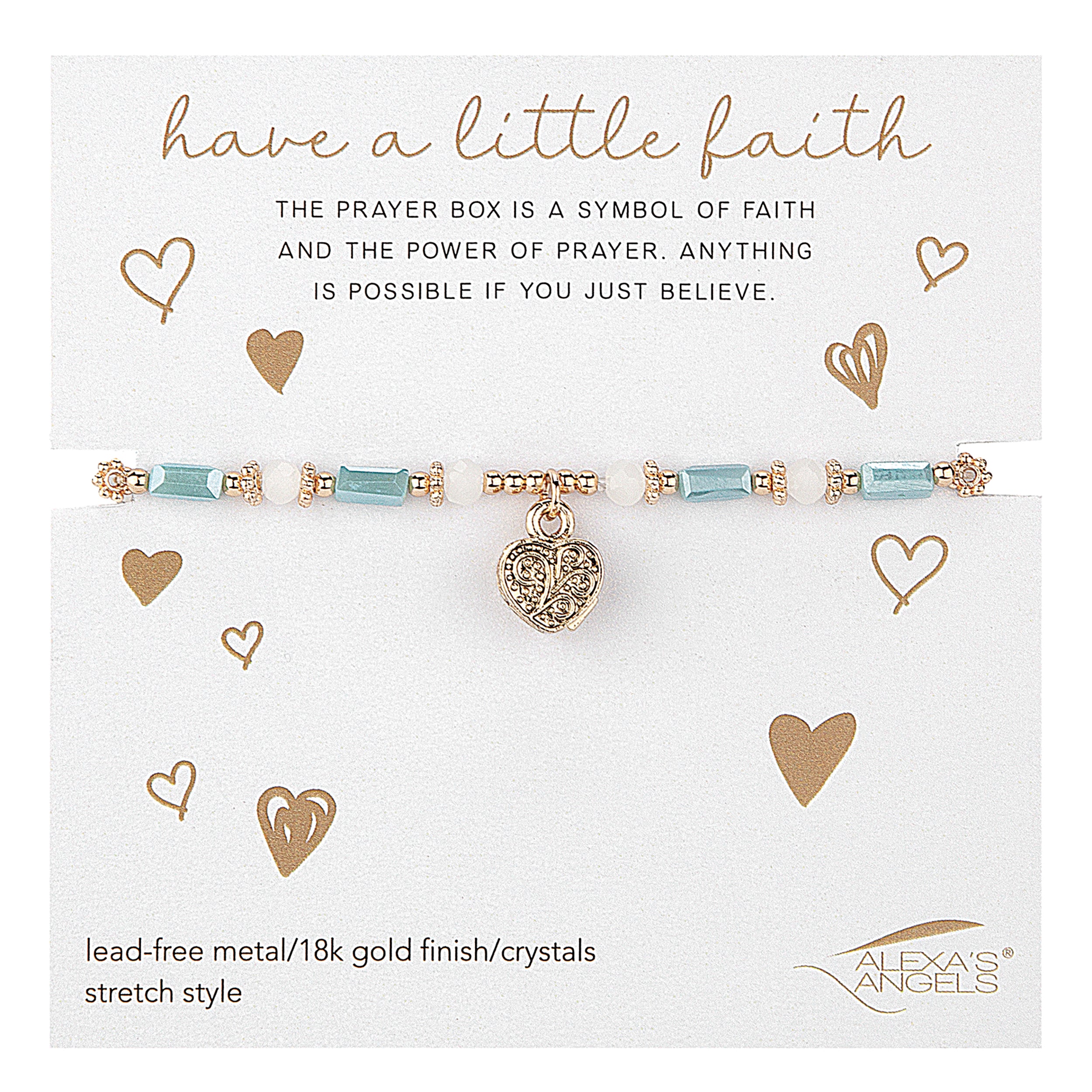 Bracelet with heart charm on a white card with text about faith and prayer, branded 'Alexa's Angels'.