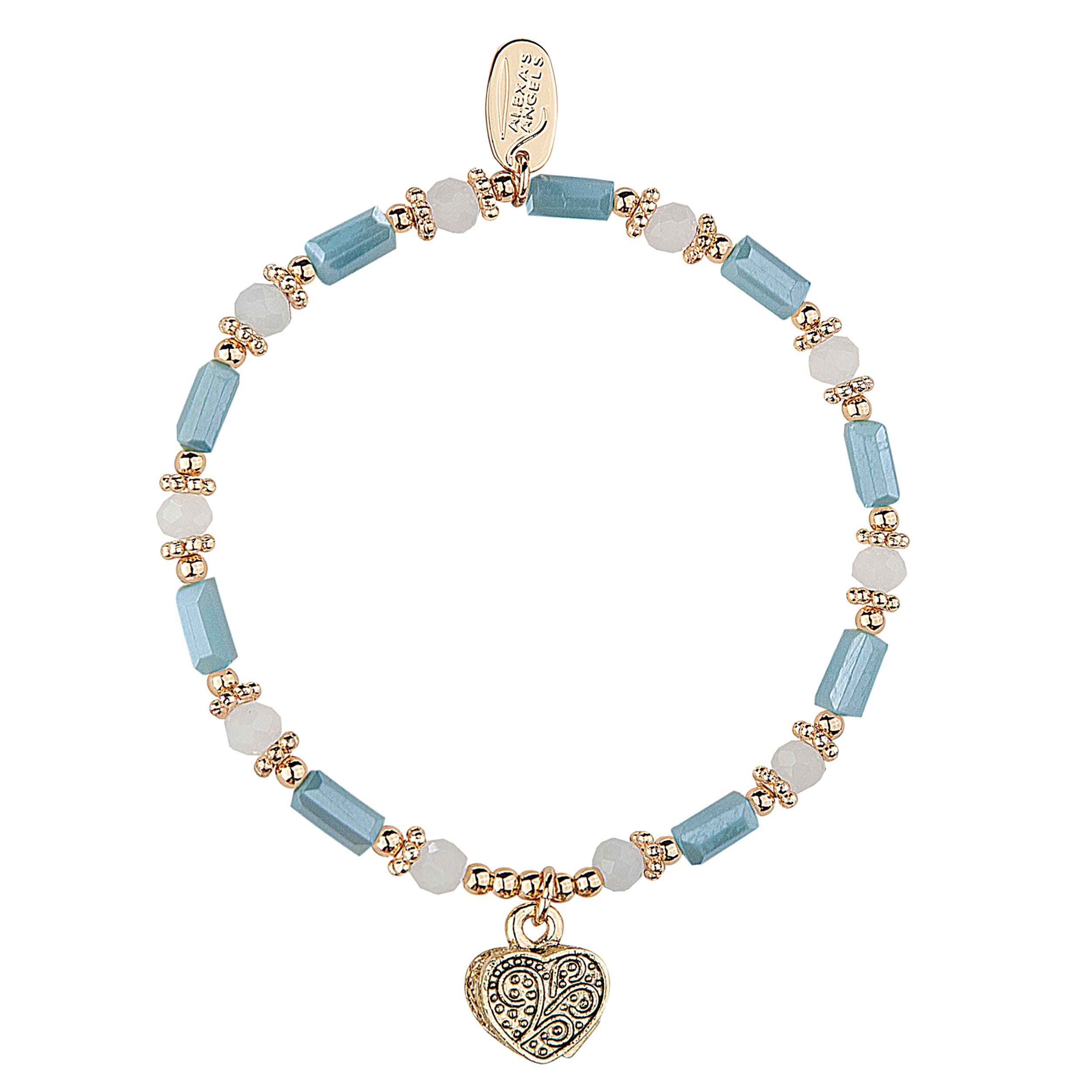 Beaded bracelet with heart charm on a white background