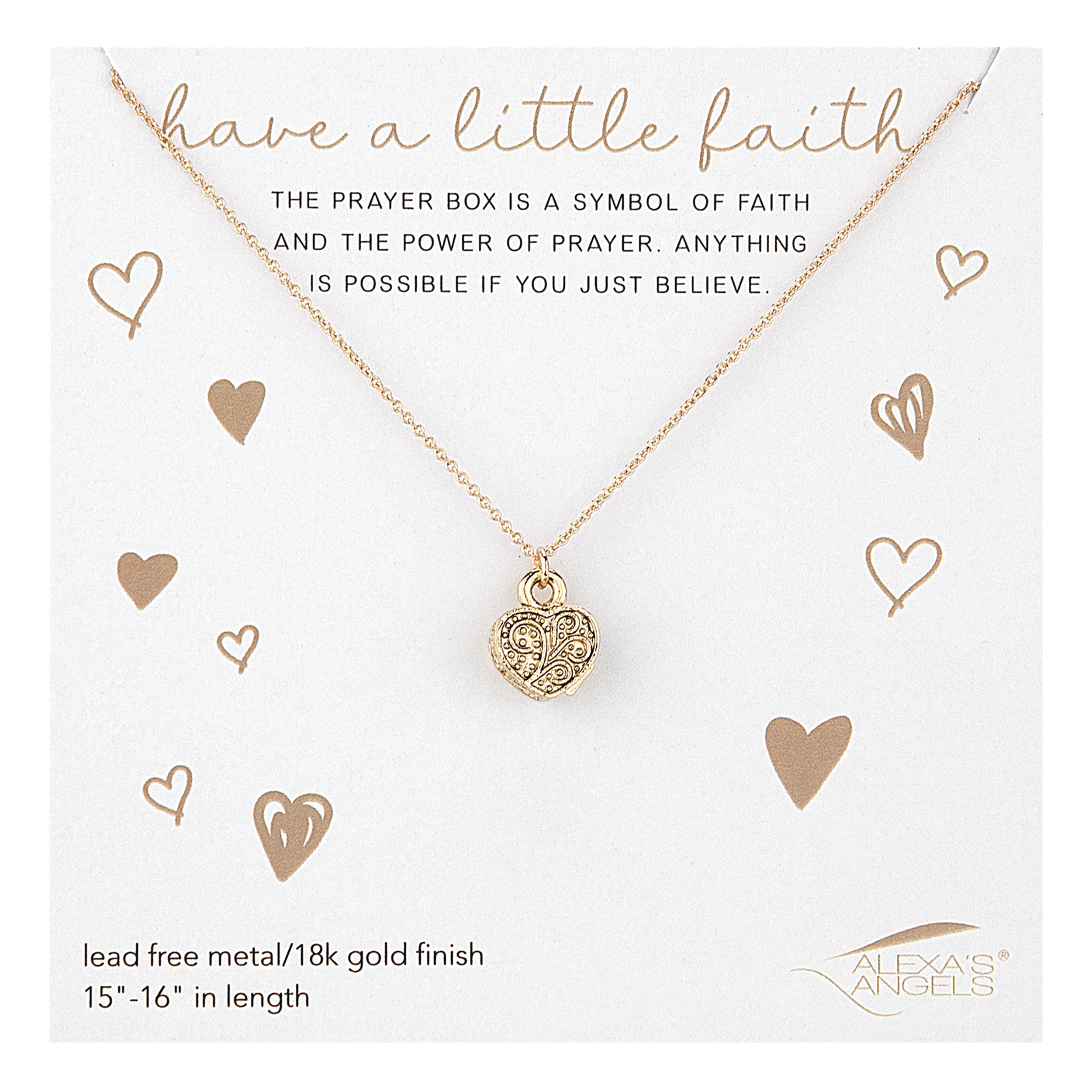 Gold heart-shaped pendant necklace on a white card with text and hearts