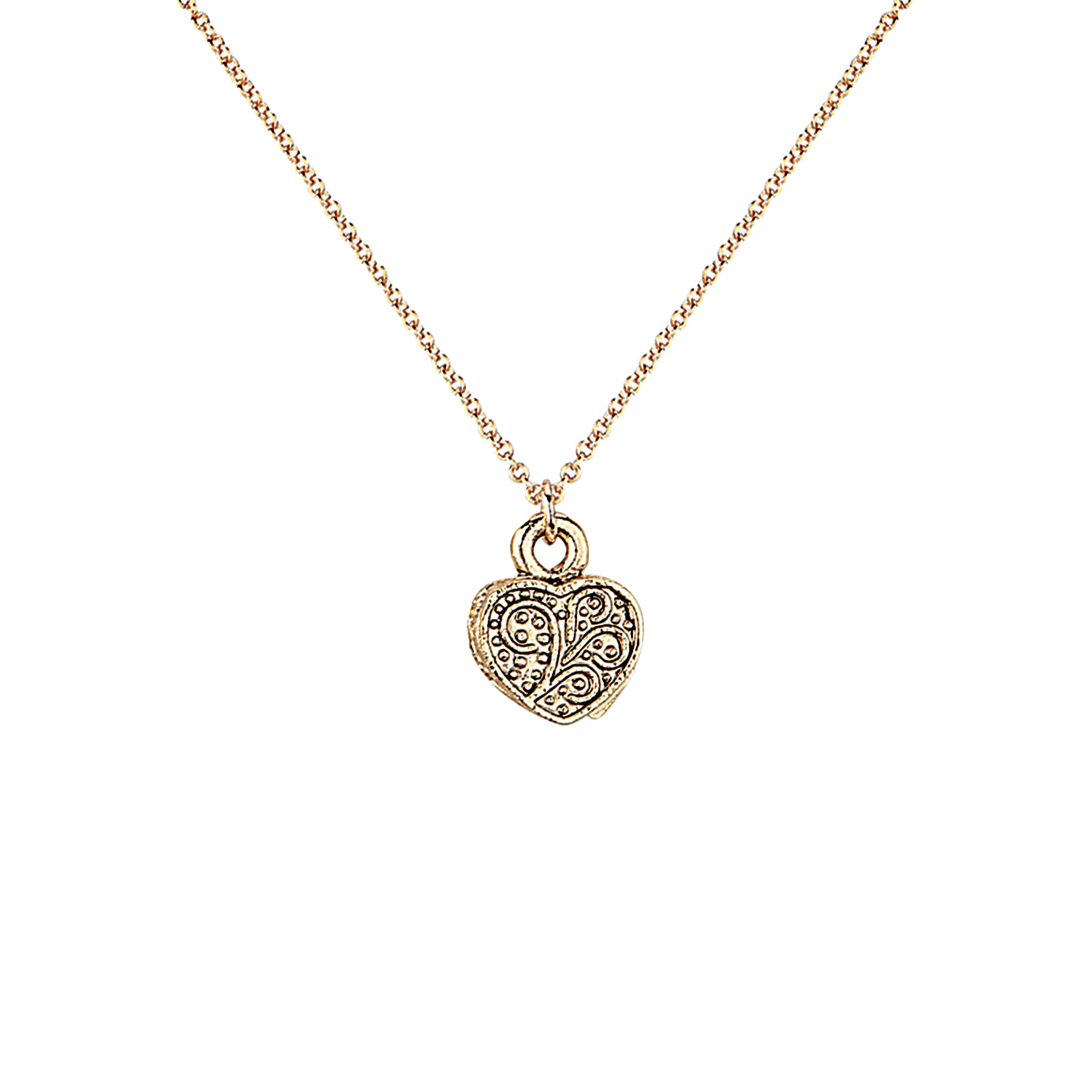 Gold heart-shaped pendant necklace on a white background