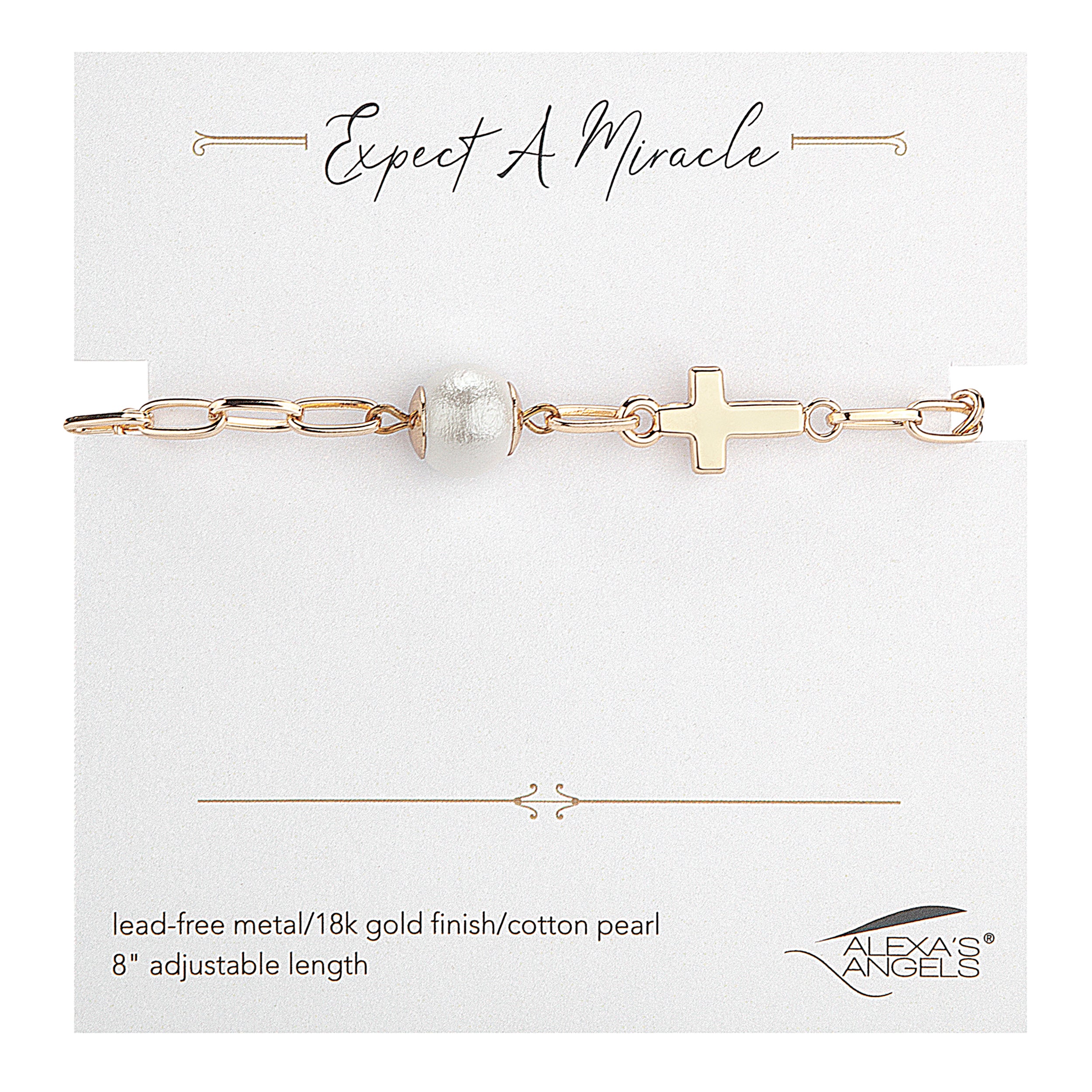 Gold bracelet with a cross charm on a 'Expect A Miracle' card with Alexa's Angels branding.