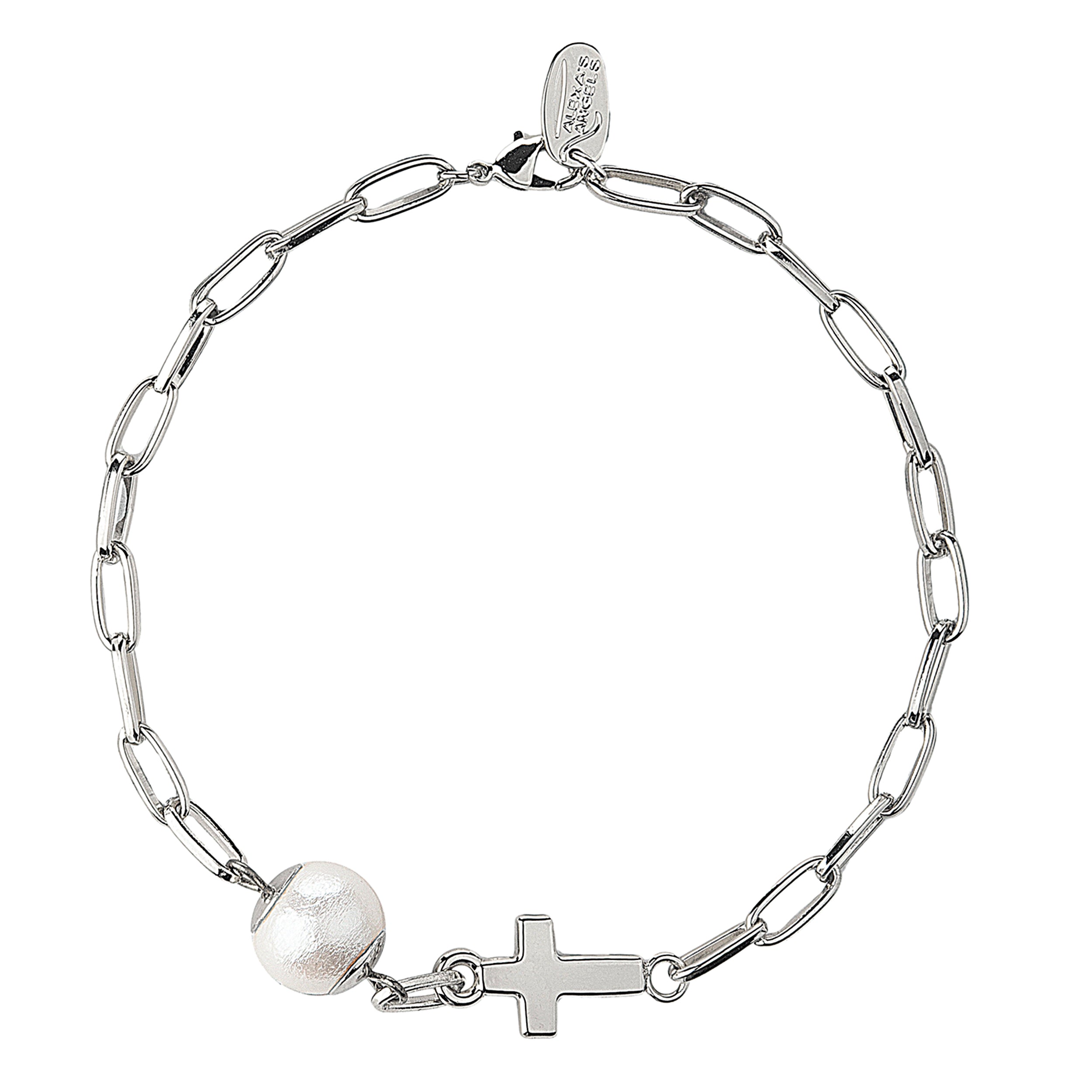 Silver chain bracelet with a pearl and cross charm on a white background