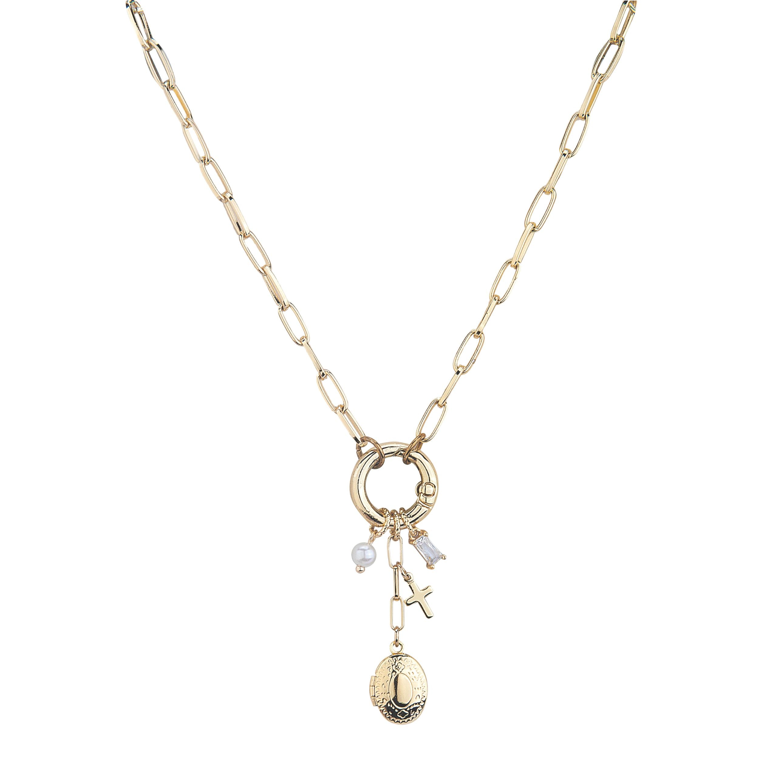 Gold necklace with various charms on a white background