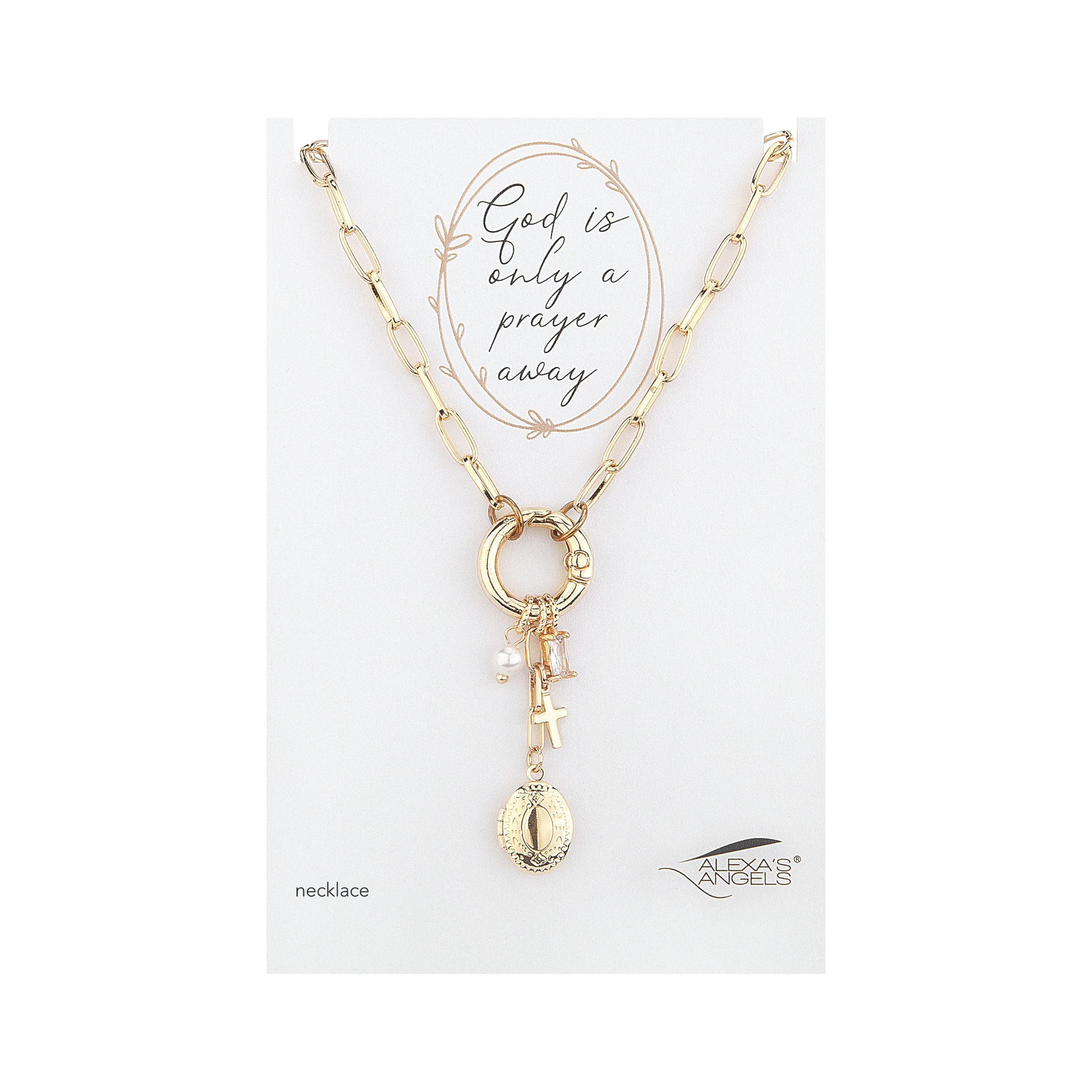 Gold necklace with charms on a white card with text and brand logo