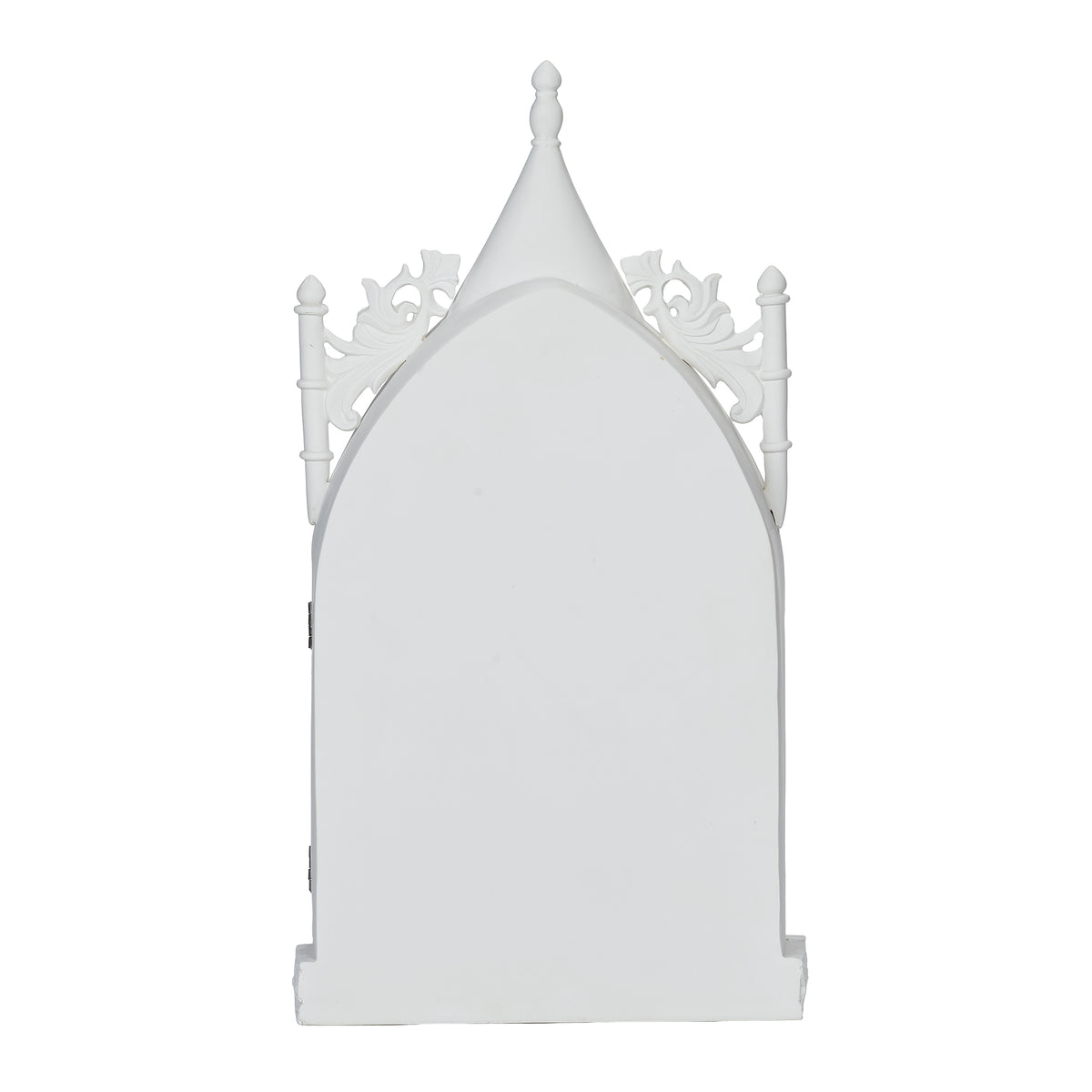 Back view of Triptych with Crucifixion showing the plain white rear panel and sculpted Gothic outline