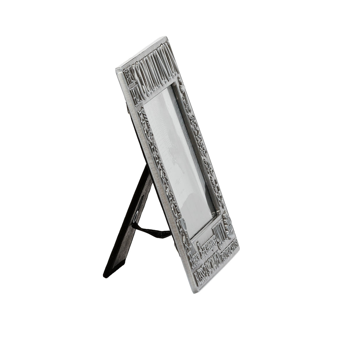 Side view of Caroline Collection First Holy Communion Word Art Picture Frame showing the slim metal frame and open tabletop easel stand