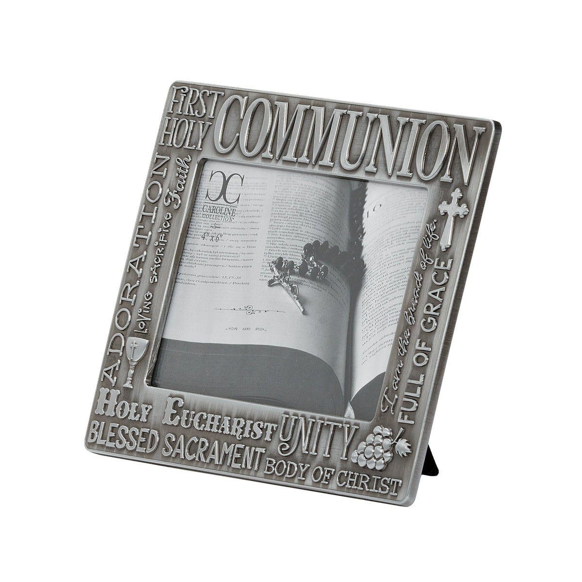 Front angled view of Caroline Collection First Holy Communion Word Art Picture Frame highlighting the embossed devotional words, silver-tone finish, and photo opening