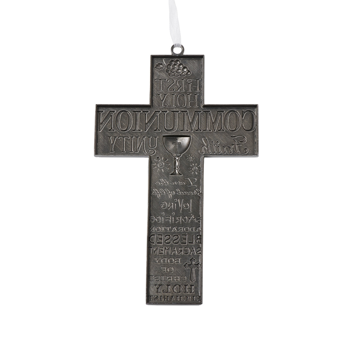 Back view of Caroline Collection First Communion Word Art Wall Cross showing the plain dark metal reverse and hanging loop
