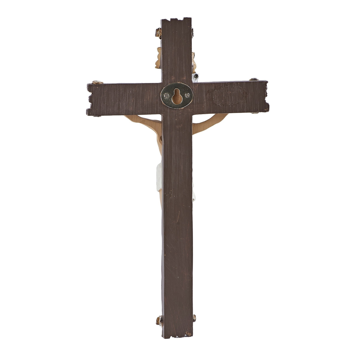 Back view of rustic wood-look Catholic wall crucifix with hanging hardware