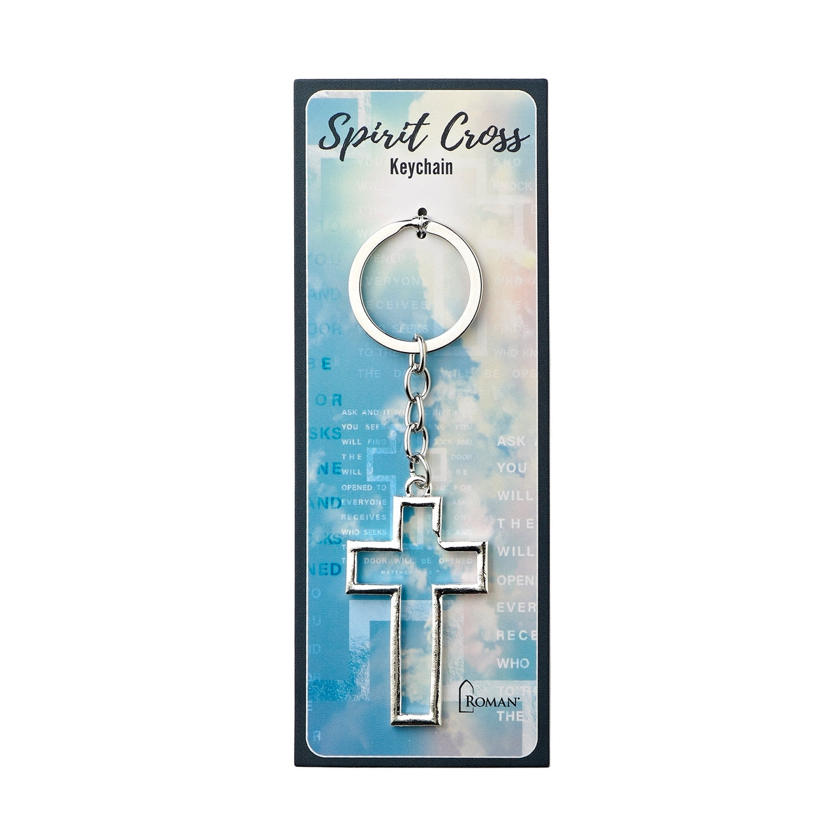 Spirit Cross Keychain displayed in blue faith-themed packaging