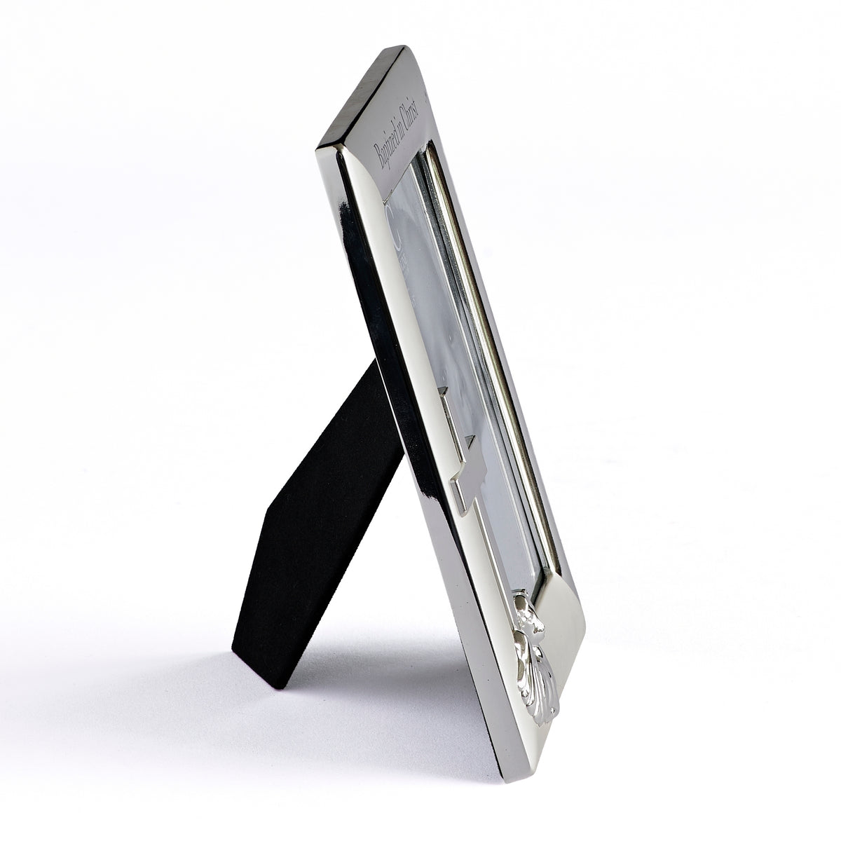 Front angled view of Caroline Collection Baptized in Christ Picture Frame showing the silver-tone border, raised cross detail, photo opening, and tabletop easel stand