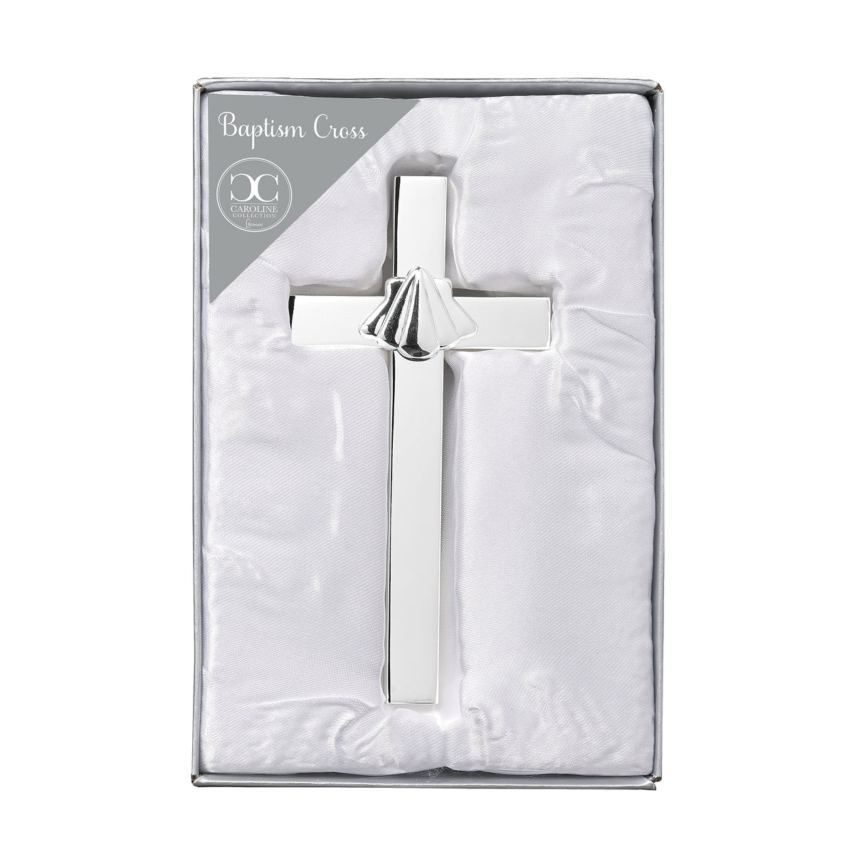 Caroline Collection Silver Baptism Cross displayed in presentation packaging with the polished cross and shell detail visible