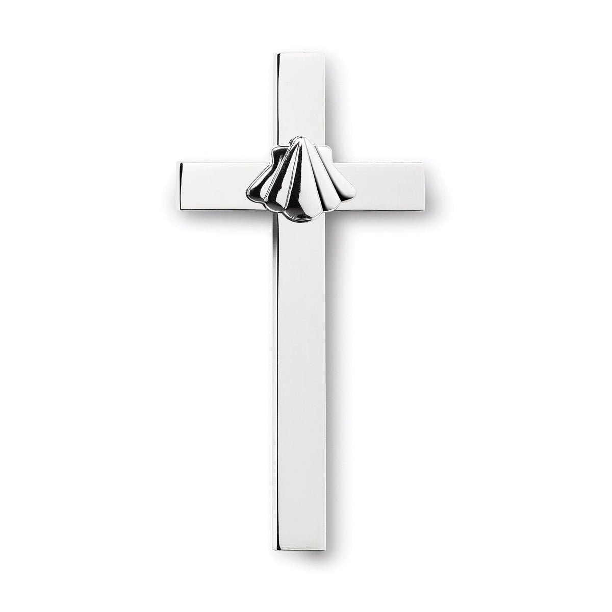 Front angled view of Caroline Collection Silver Baptism Cross showing the reflective finish and raised shell detail