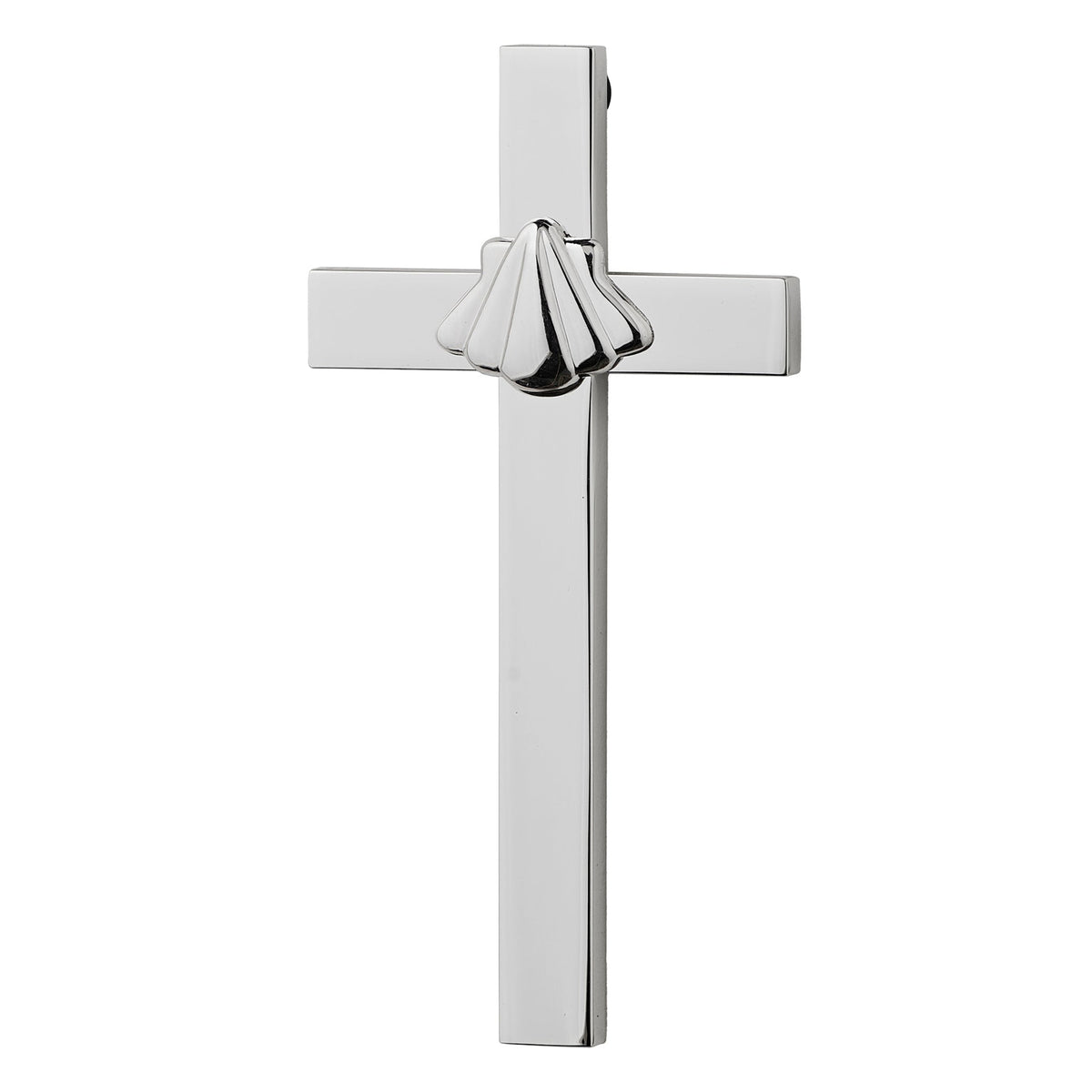 Side angled view of Caroline Collection Silver Baptism Cross showing the slim metal profile and raised shell accent