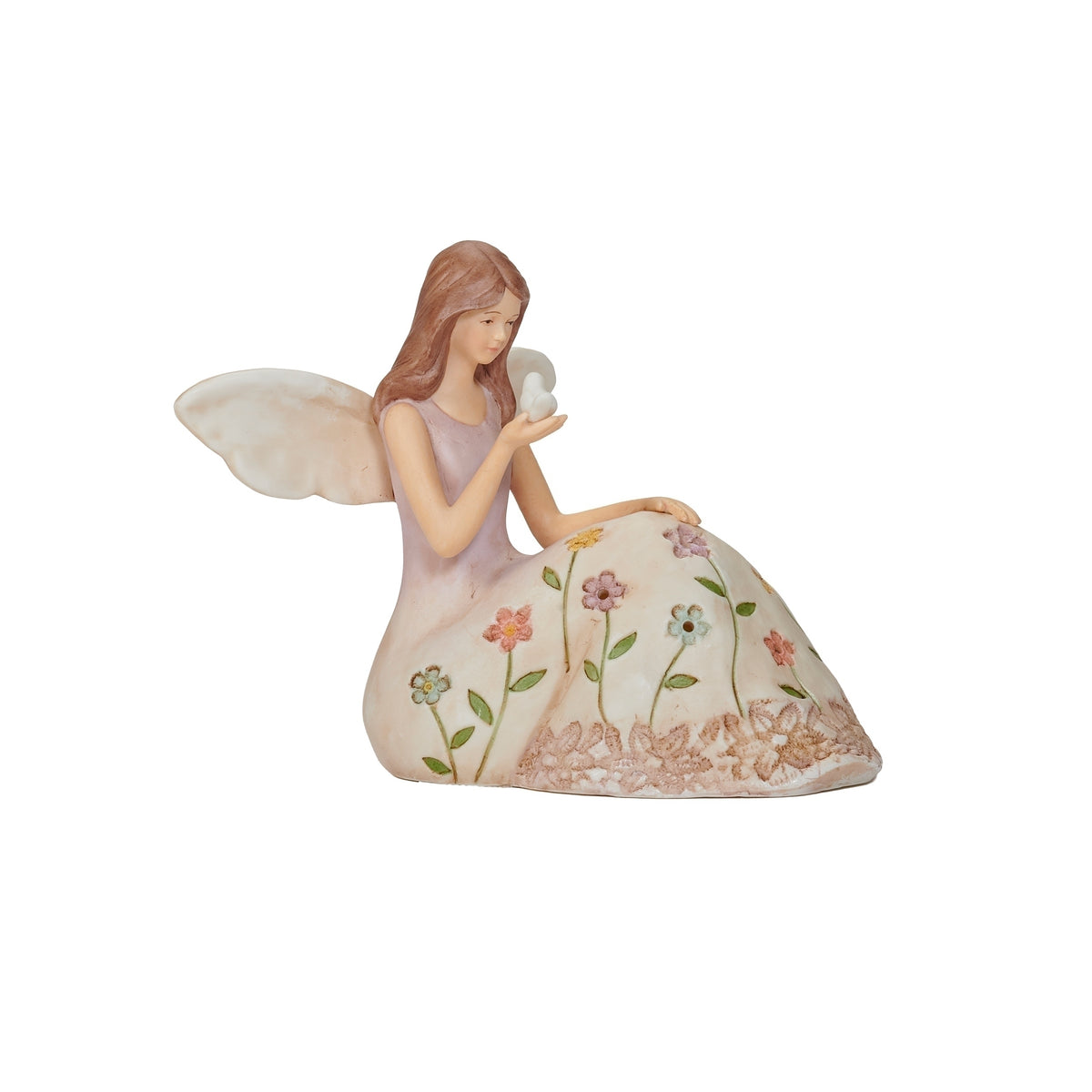 Side view of Seated Angel with Bird figure showing the floral gown and sculpted wings