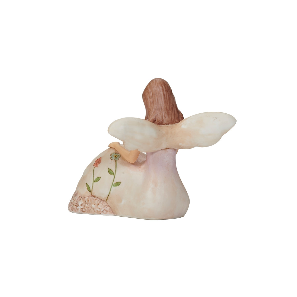 Back view of Seated Angel with Bird figure showing the angel's outstretched white wings