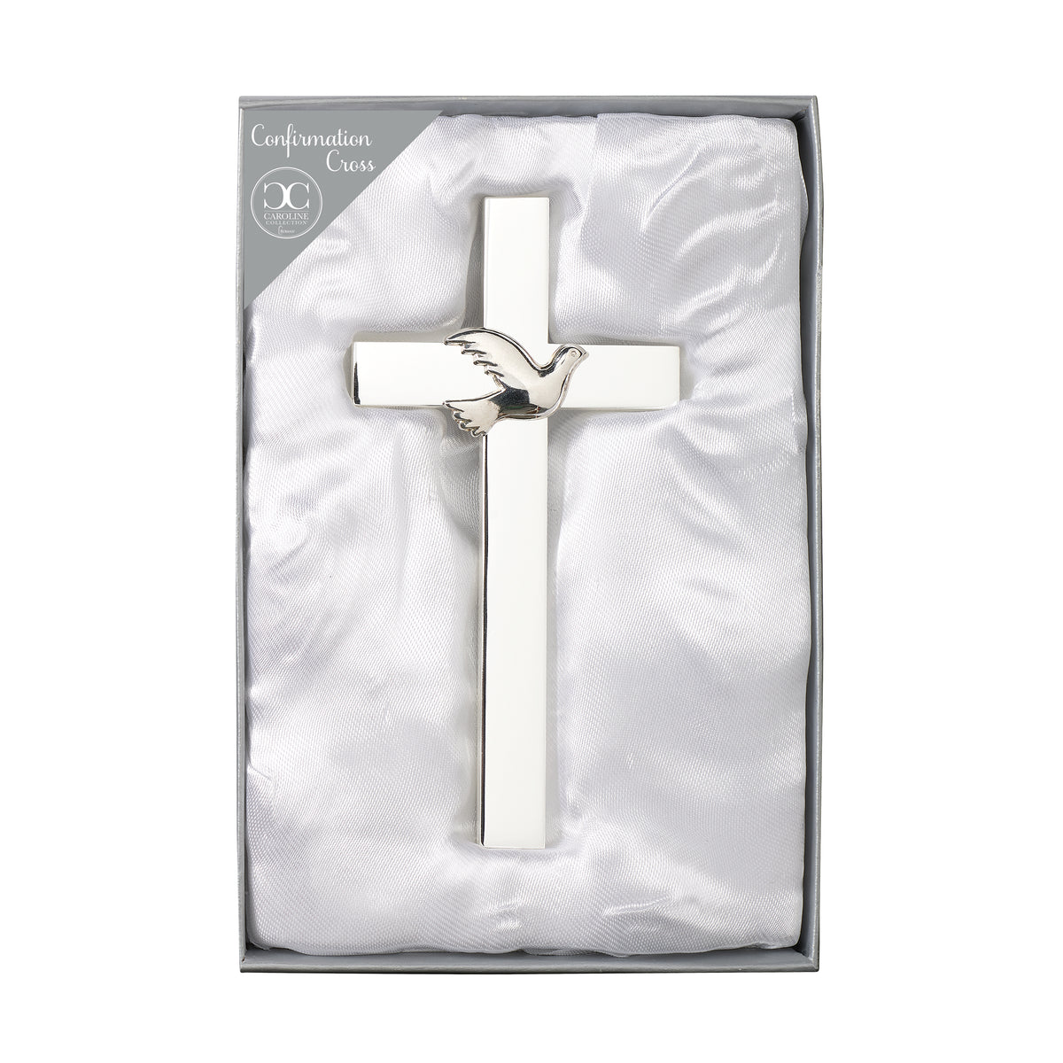 Caroline Collection Confirmation Wall Cross displayed in presentation packaging with the silver-tone cross and Holy Spirit dove visible