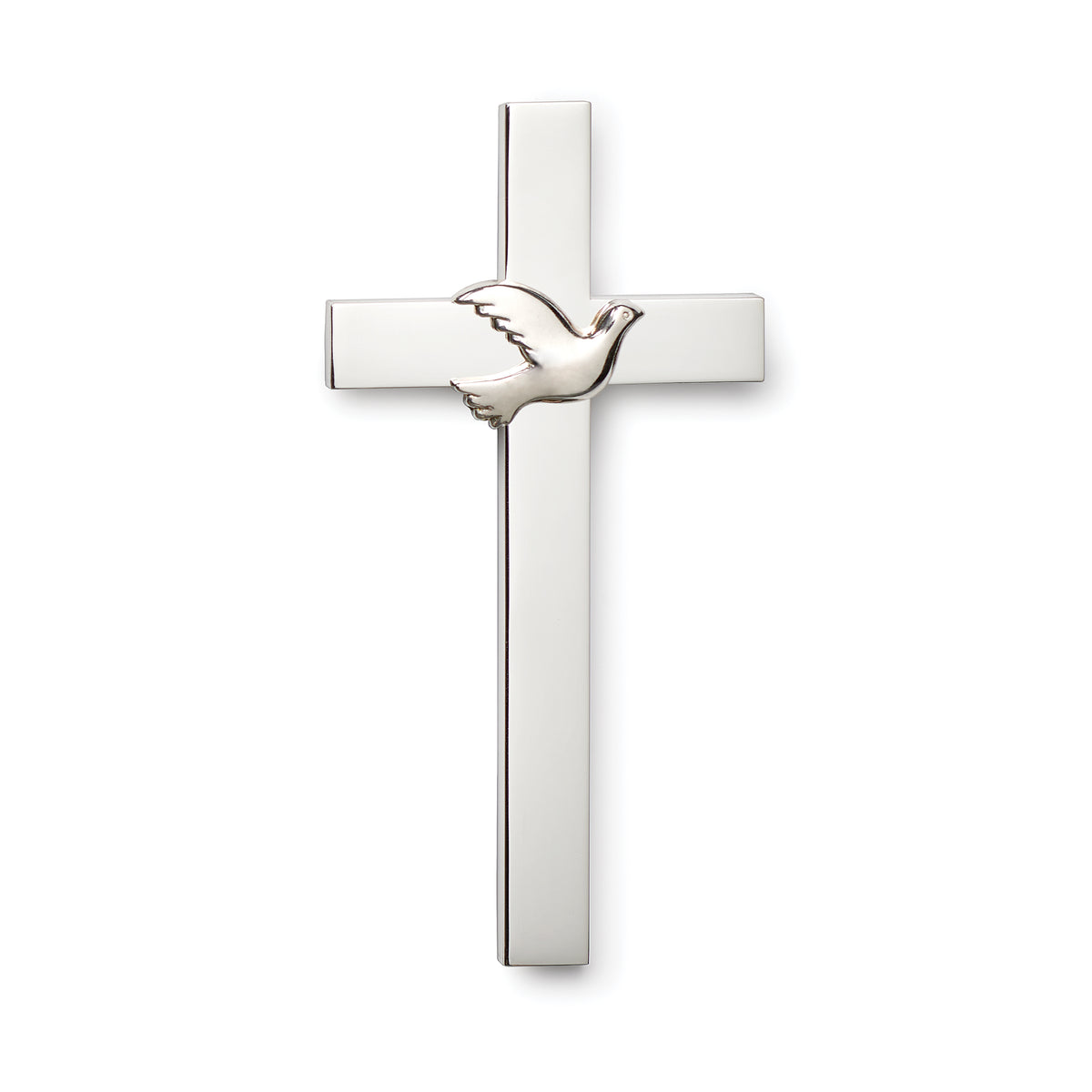 Front angled view of Caroline Collection Confirmation Wall Cross showing the raised dove detail and polished silver-tone finish