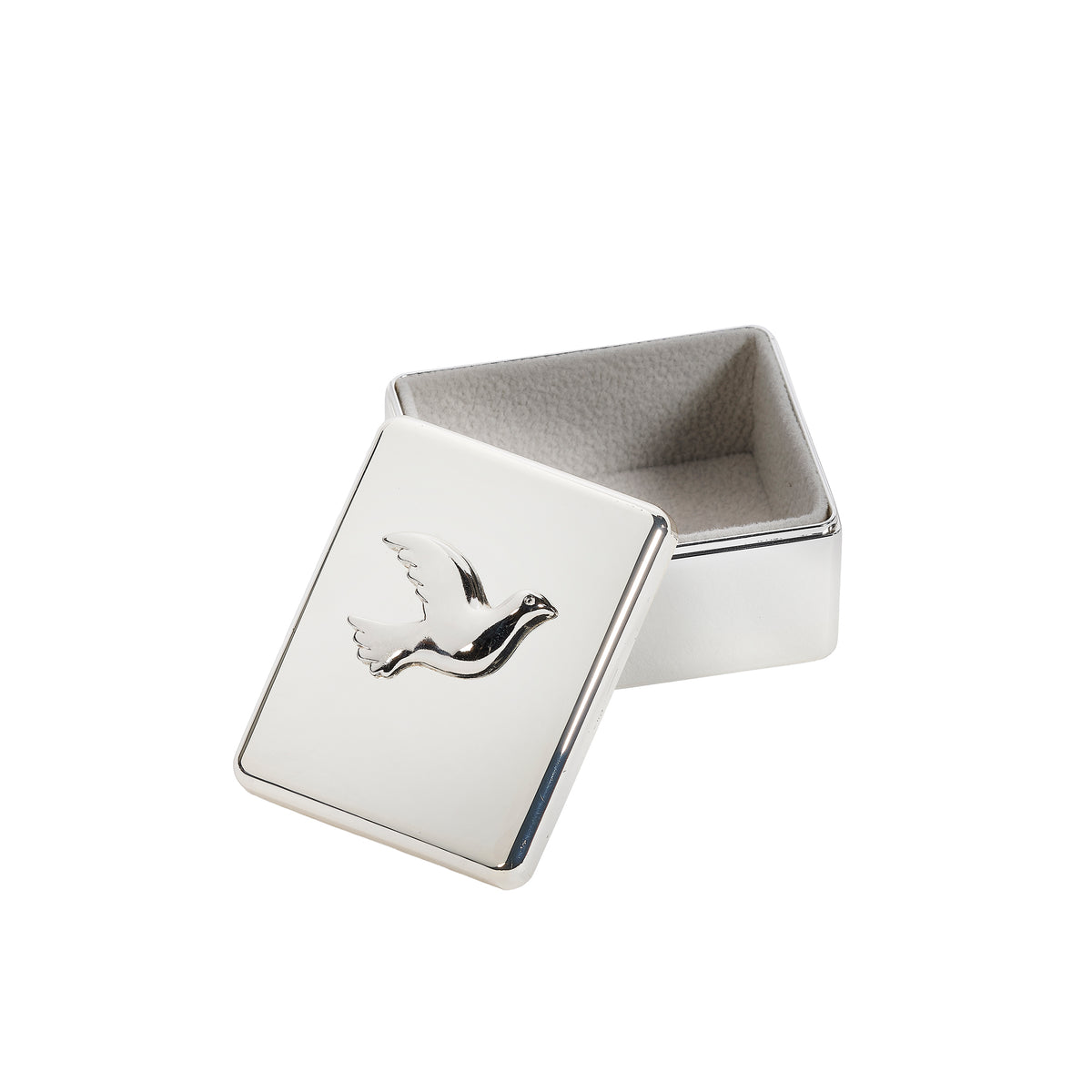Angled view of Caroline Collection First Communion Chalice Keepsake Box with the chalice-decorated lid lifted from the box