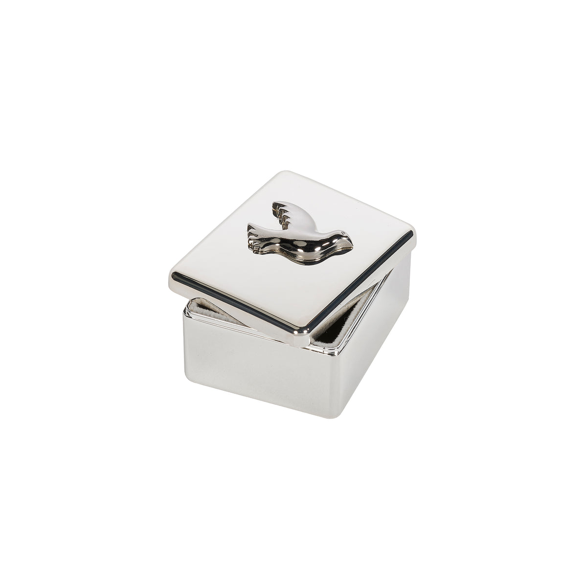 Closed view of Caroline Collection First Communion Chalice Keepsake Box showing the raised chalice design on the silver-tone lid