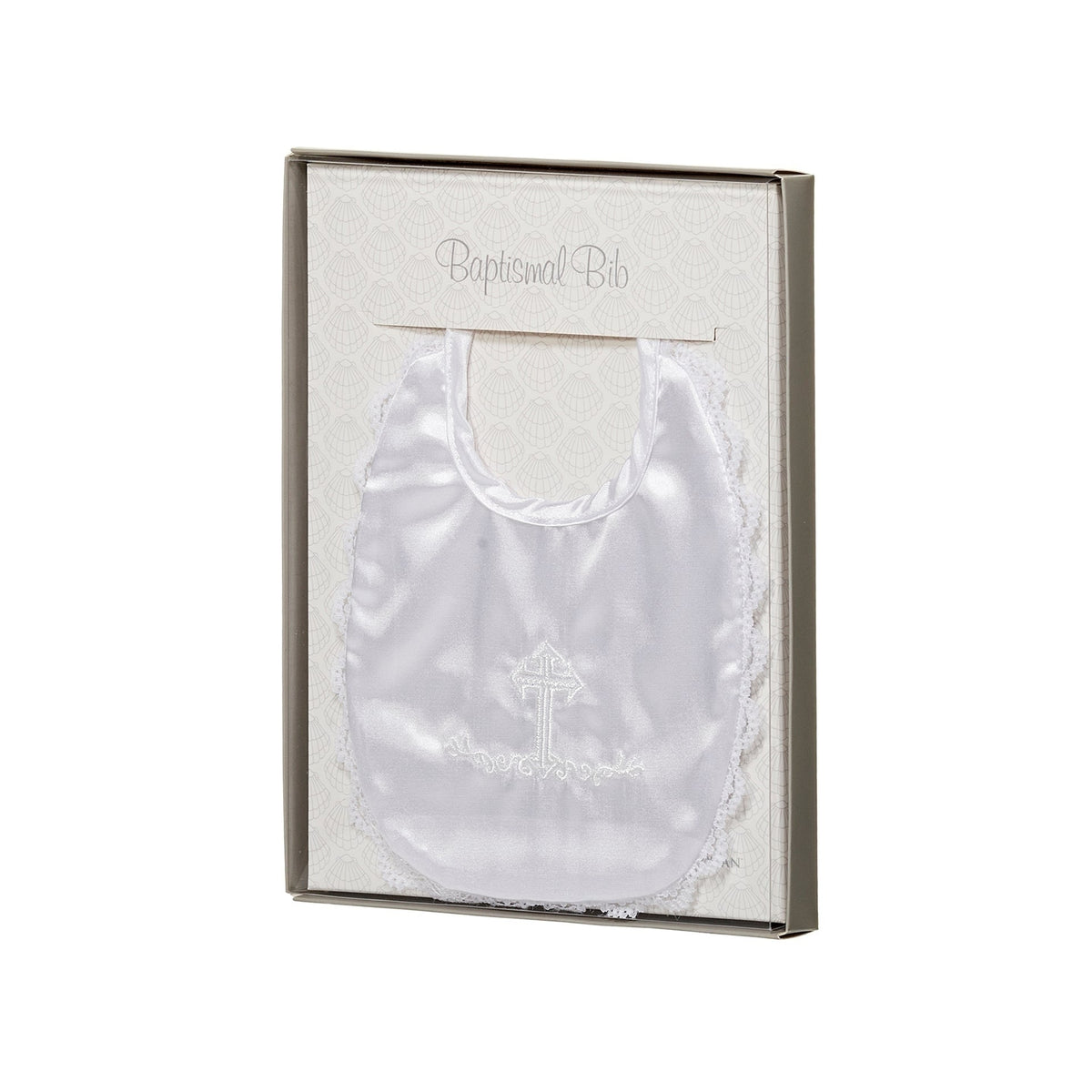 Baptism Bib with Elegant Cross & Lace displayed in presentation packaging with the white bib and embroidered cross visible