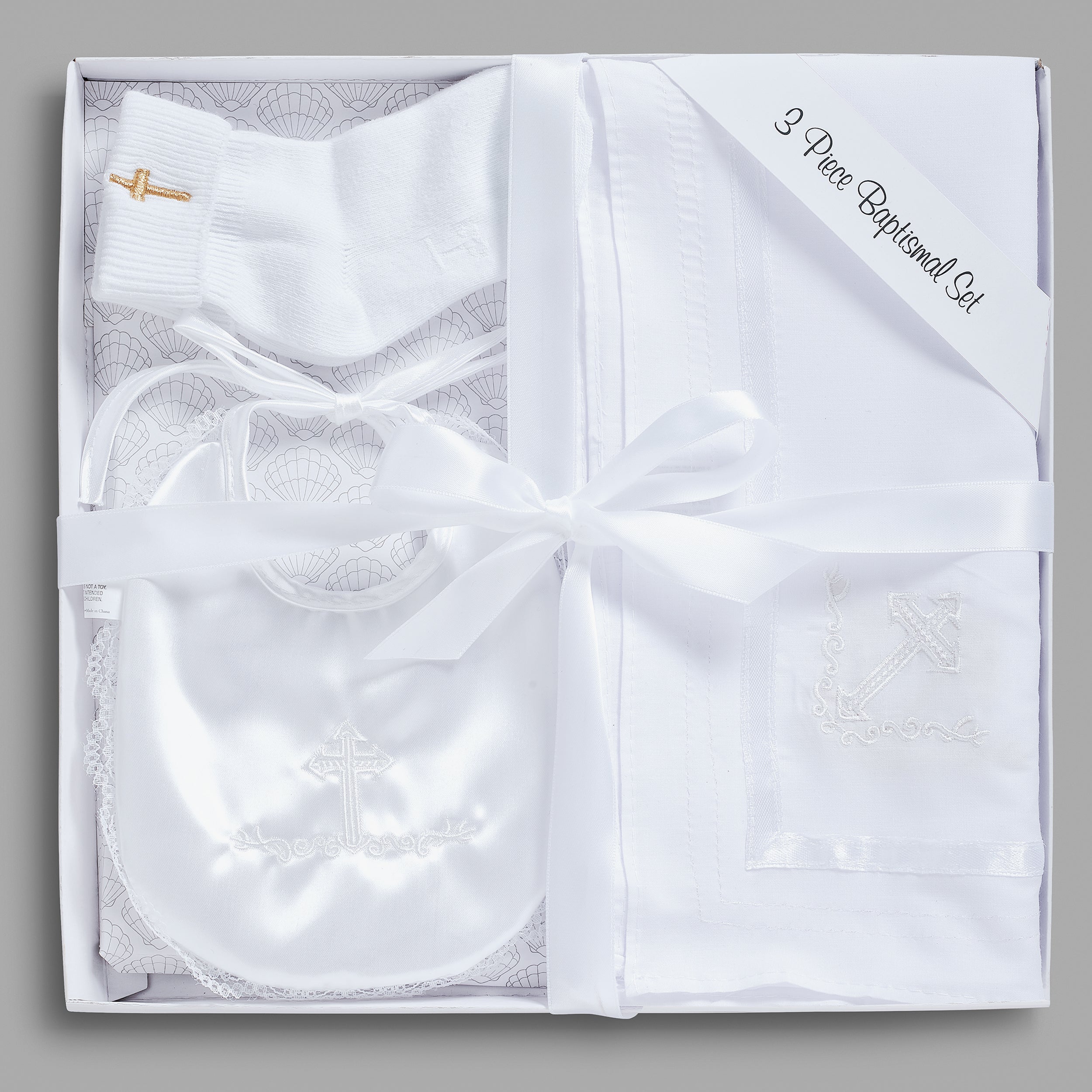White Baptism 3-PC Gift Set with Cross Embroidery