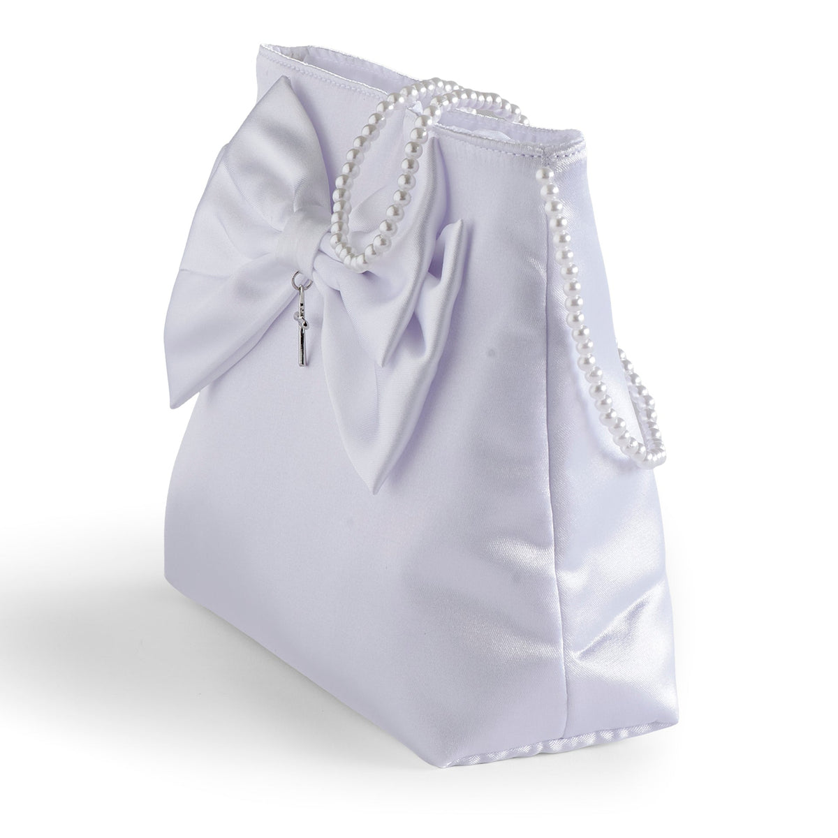 Front angled view of Girl's First Communion purse showing the satin bow, structured pouch shape, and pearl-trimmed handle