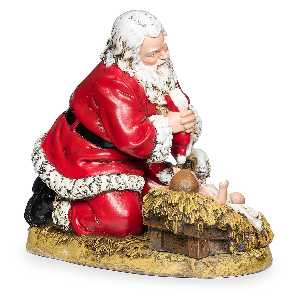 Opposite side view of Joseph's Studio Kneeling Santa Figure showing Santa in prayer beside baby Jesus resting in the manger