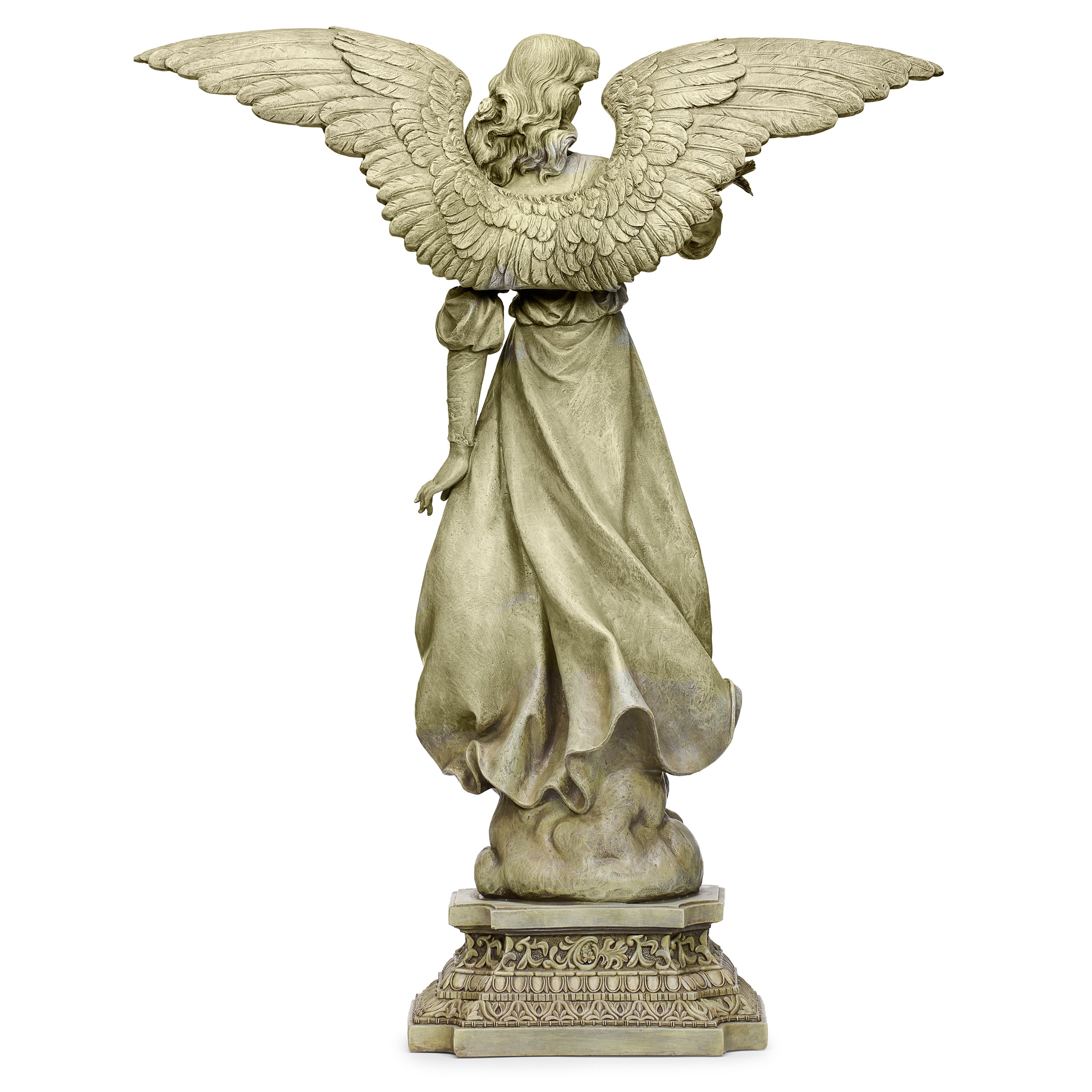 Statue of an angel with outstretched wings on a white background