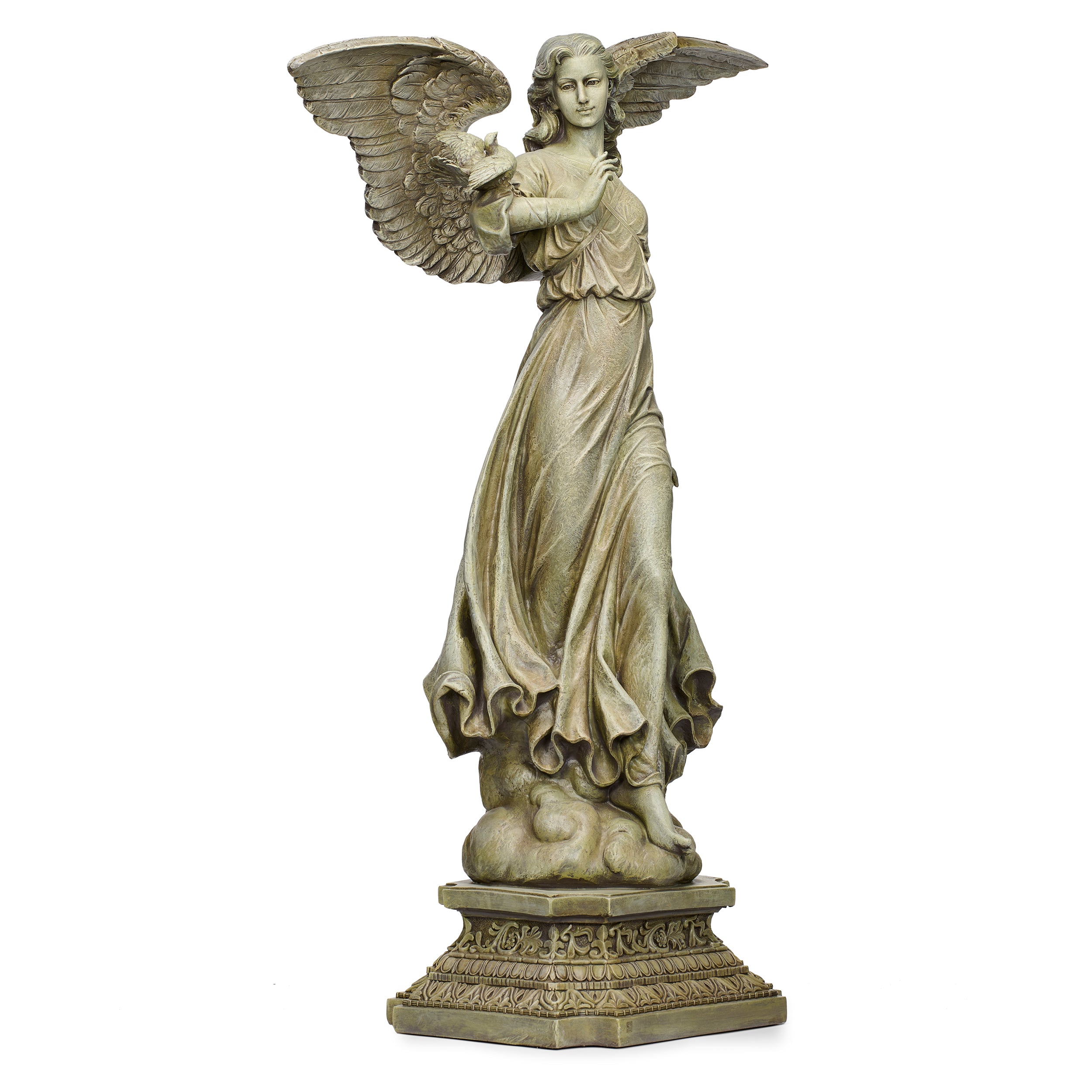Statue of an angel with outstretched wings on a white background