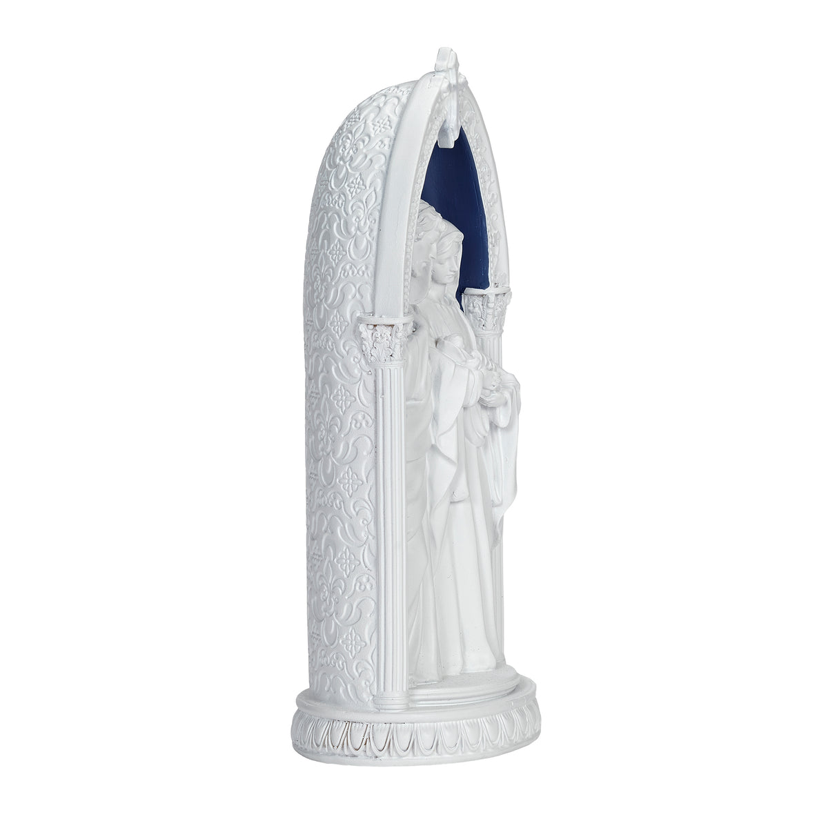Side view of Lighted Holy Family in Arch showing the raised white Holy Family relief, blue background, and decorative base
