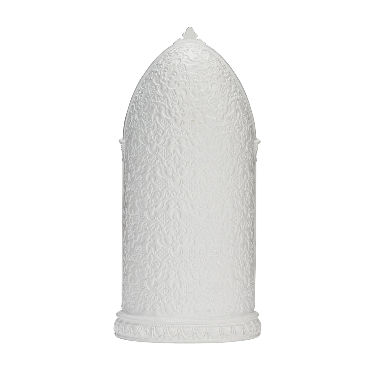 Back view of St. Michael in Arch showing the plain white arched backing and sculpted base