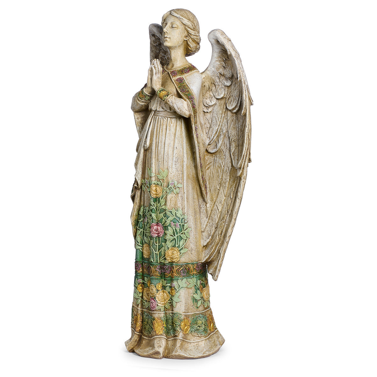 Front angled view of Joseph's Studio Praying Angel in Rose-Patterned Gown Garden Statue showing the prayerful pose, feathered wings, and floral gown details