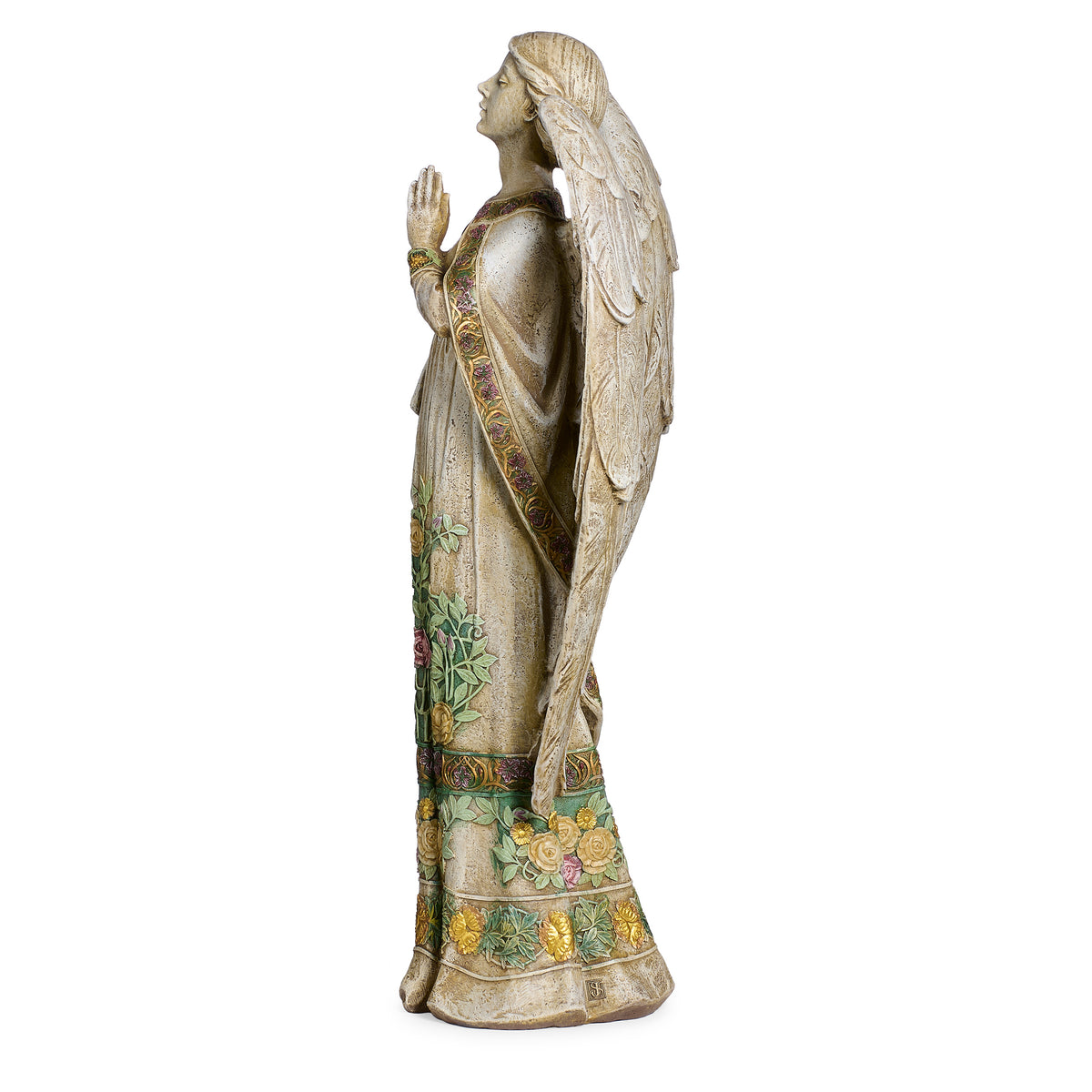 Side view of Joseph's Studio Praying Angel in Rose-Patterned Gown Garden Statue showing the folded hands, flowing gown, and sculpted wing