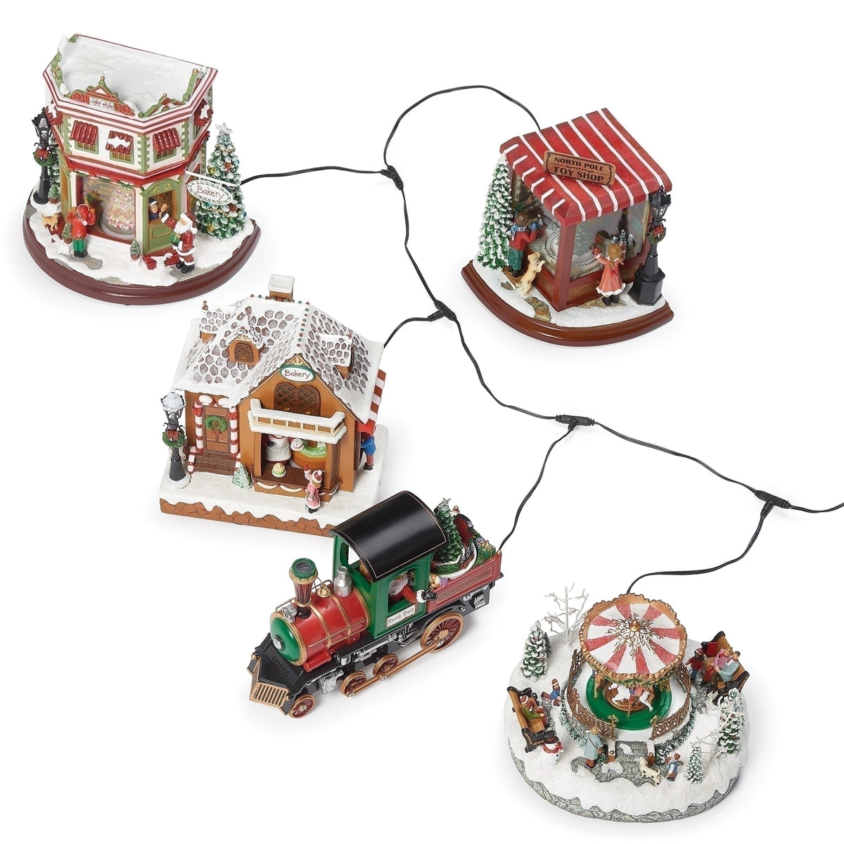 Roman Lights 5-Plug Adaptor connected to five miniature Christmas decorations, including village buildings and a train.
