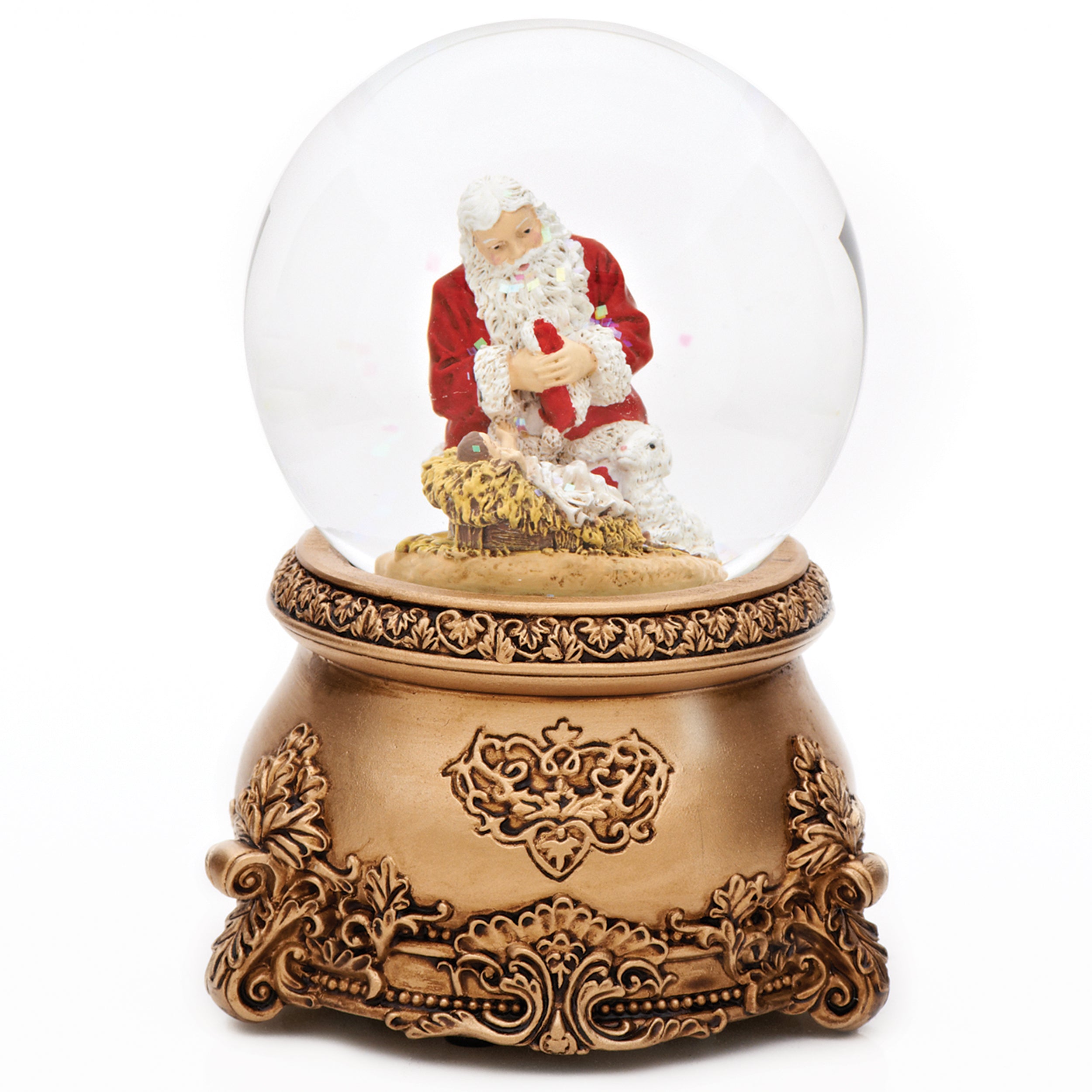 Glitterdome Musical Kneeling Santa with Antique Gold Base- 