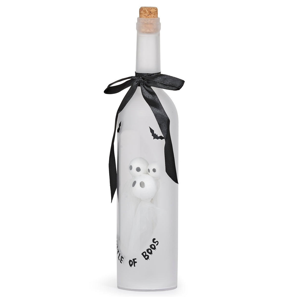 Front view of unlit Bottle of Boos showing three ghosts, black lettering, and a bow around the neck.