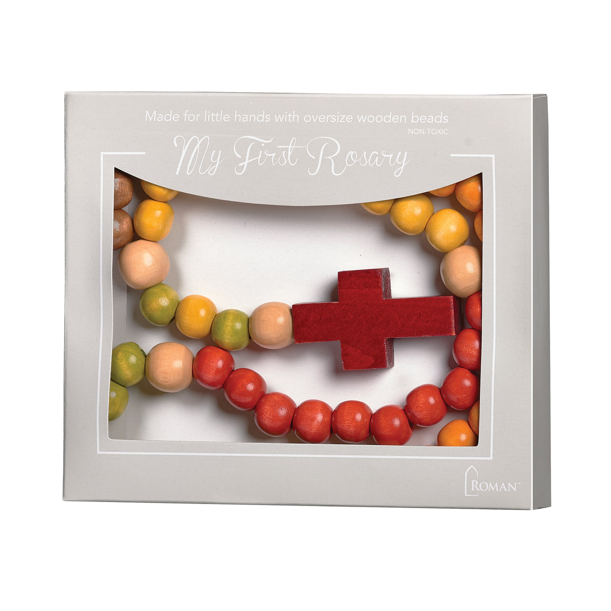 My First Rosary displayed in its gift packaging with colorful wooden beads and red cross visible